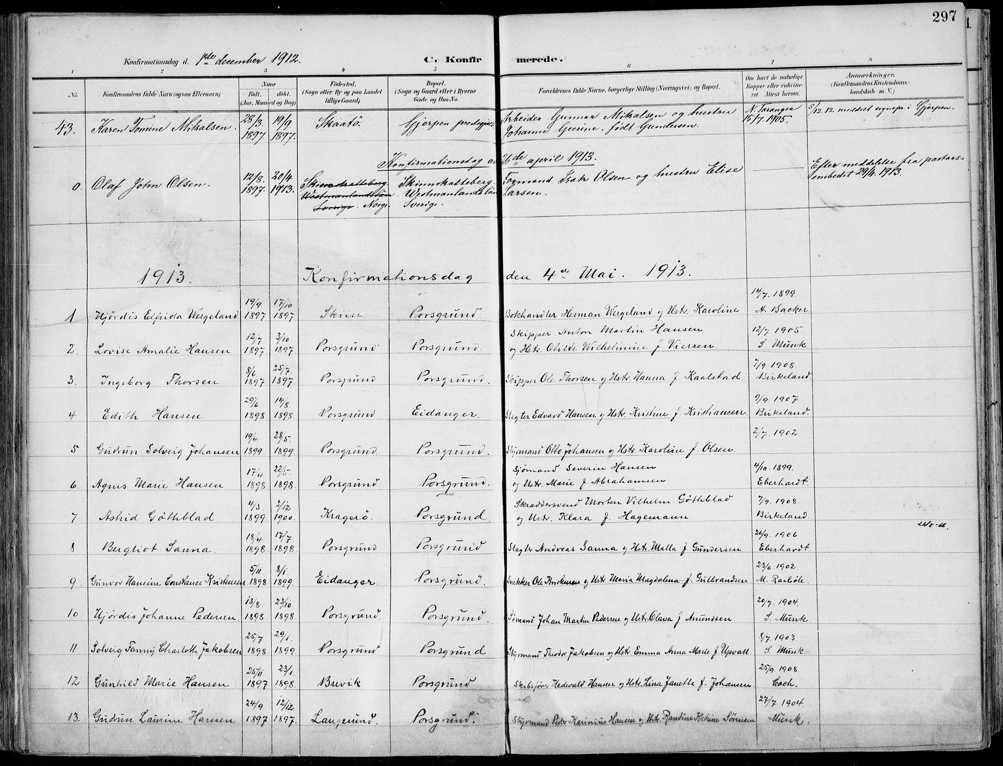 Porsgrunn kirkebøker , AV/SAKO-A-104/F/Fa/L0011: Parish register (official) no. 11, 1895-1919, p. 297