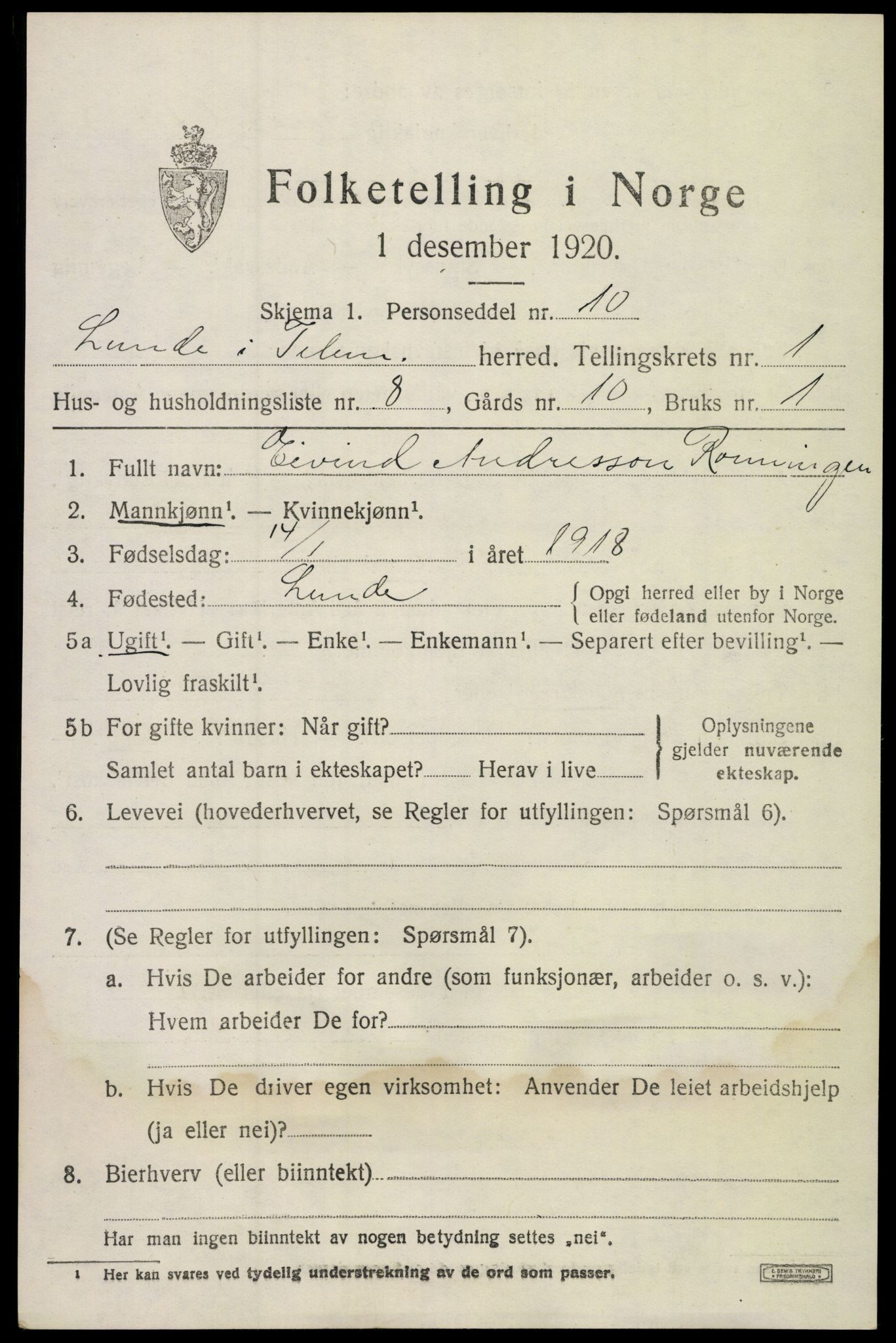 SAKO, 1920 census for Lunde, 1920, p. 1135