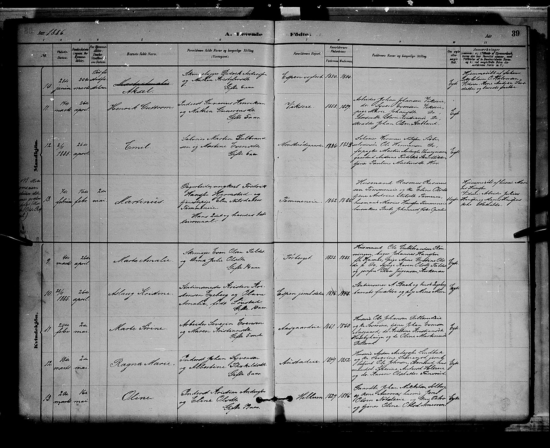 Stange prestekontor, AV/SAH-PREST-002/L/L0008: Parish register (copy) no. 8, 1882-1895, p. 39