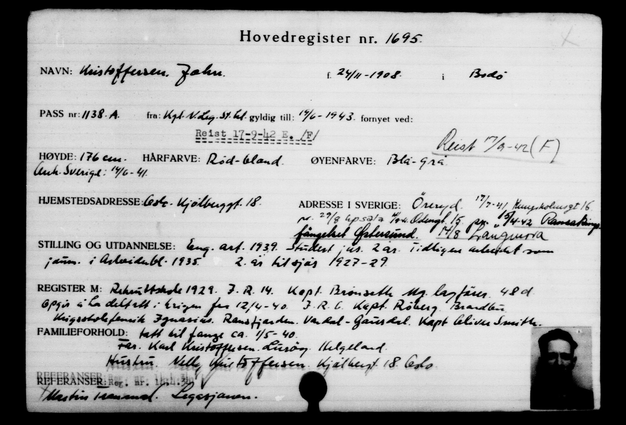 Utenriksstasjonene, Legasjonen i Stockholm, Flyktningkontoret, AV/RA-S-6753/V/Va/L0002: Kjesäterkartoteket, flyktninger med registreringsnr. 1001-2000, 1940-1945, p. 982