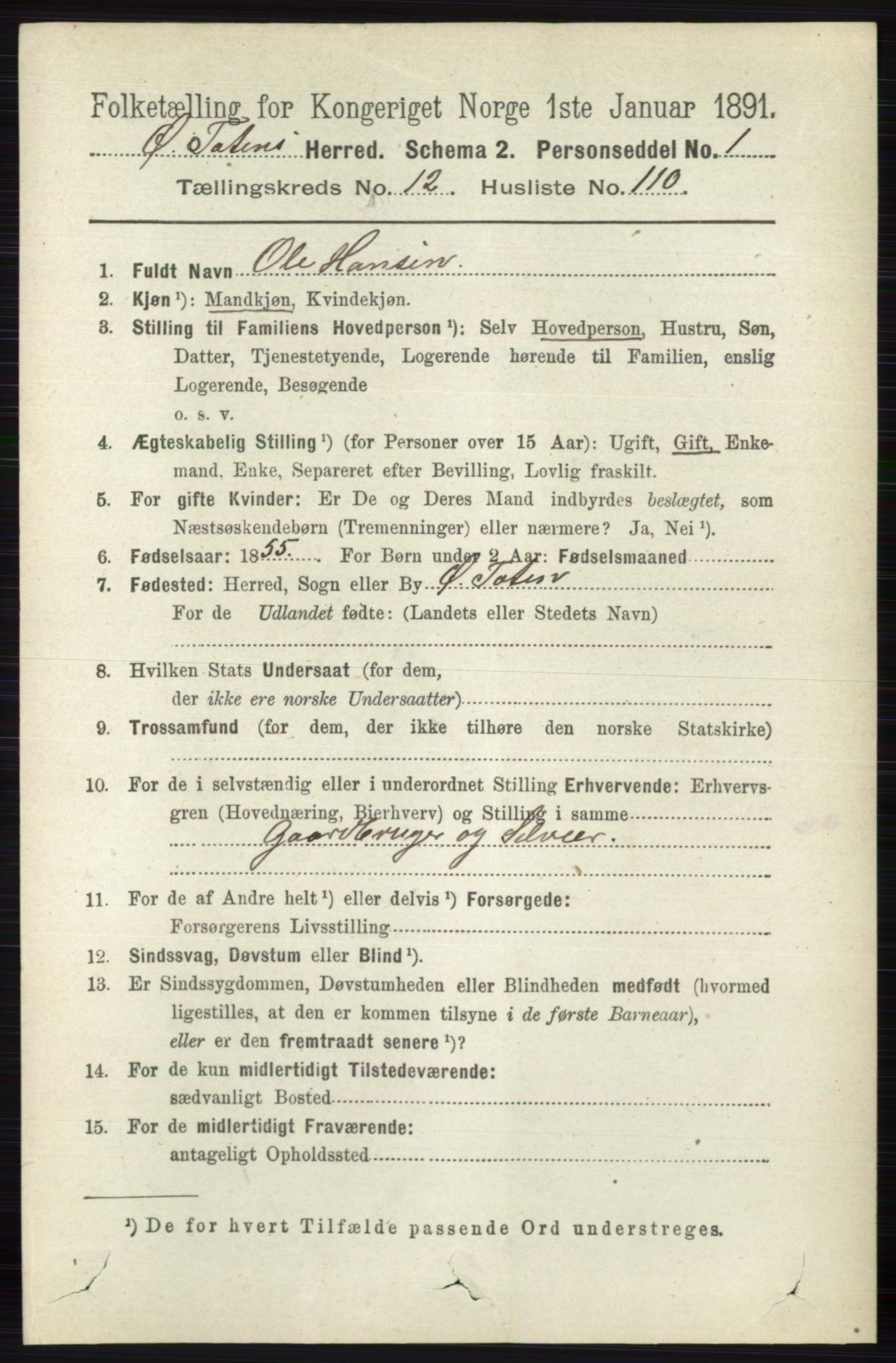 RA, 1891 census for 0528 Østre Toten, 1891, p. 8332