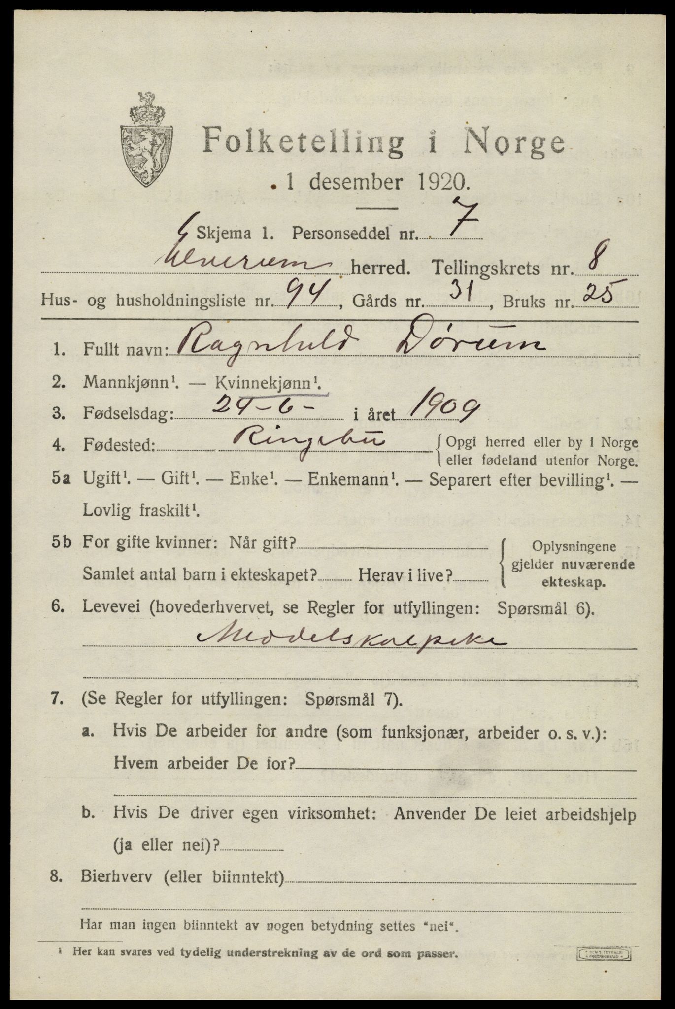 SAH, 1920 census for Elverum, 1920, p. 14890