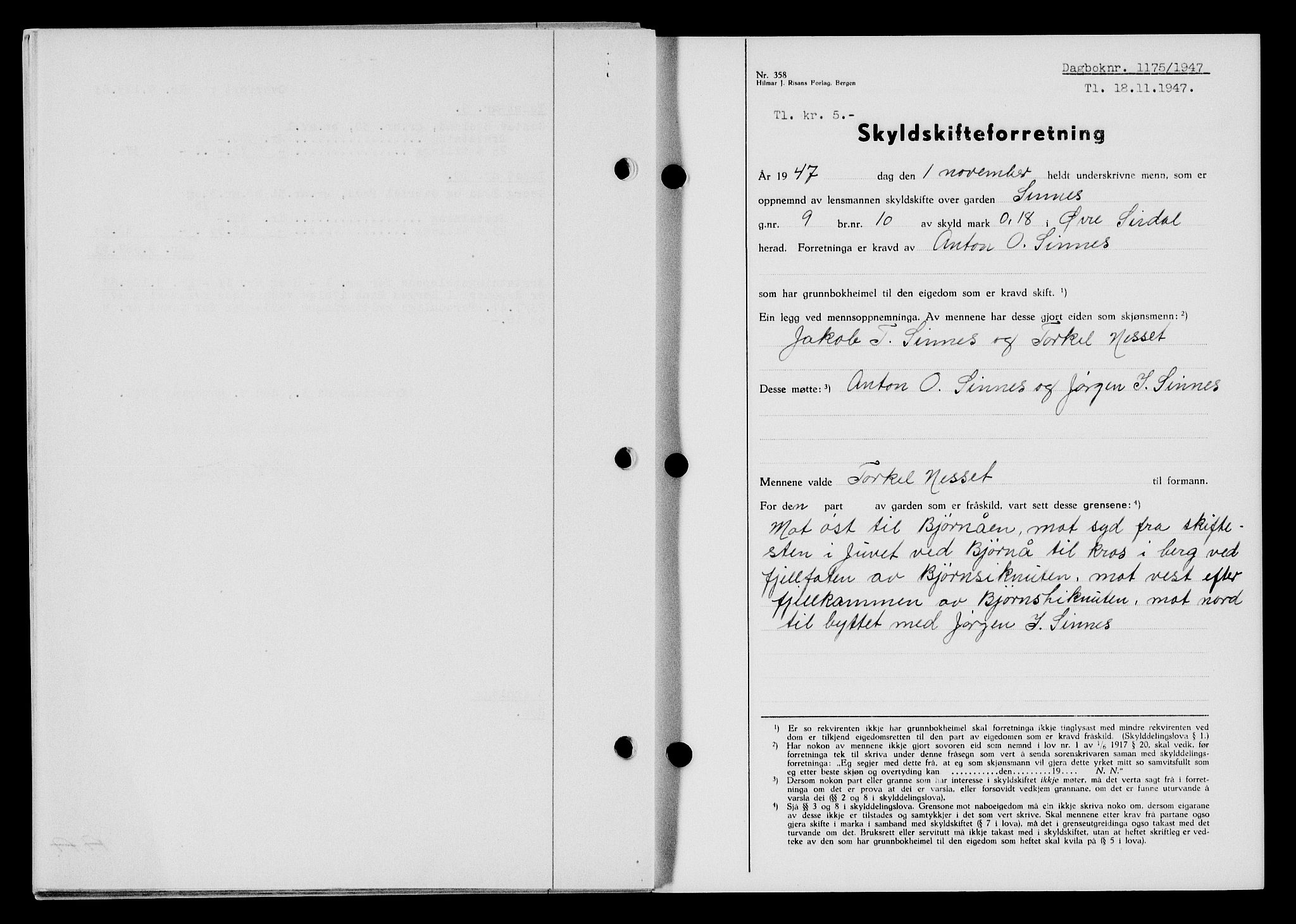 Flekkefjord sorenskriveri, SAK/1221-0001/G/Gb/Gba/L0063: Mortgage book no. A-11, 1947-1948, Diary no: : 1175/1947