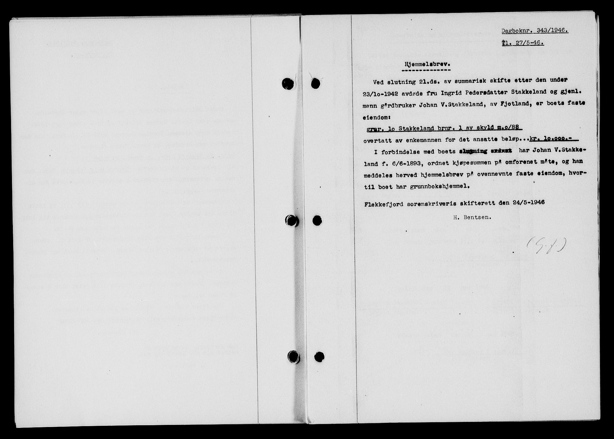 Flekkefjord sorenskriveri, AV/SAK-1221-0001/G/Gb/Gba/L0060: Mortgage book no. A-8, 1945-1946, Diary no: : 343/1946