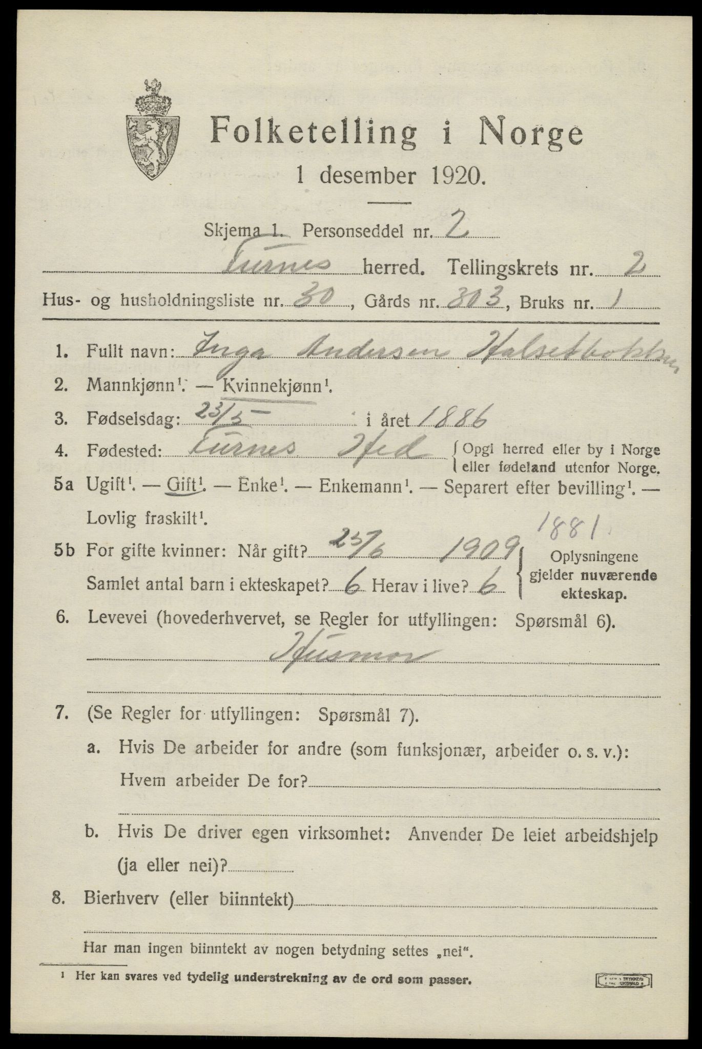 SAH, 1920 census for Furnes, 1920, p. 3403