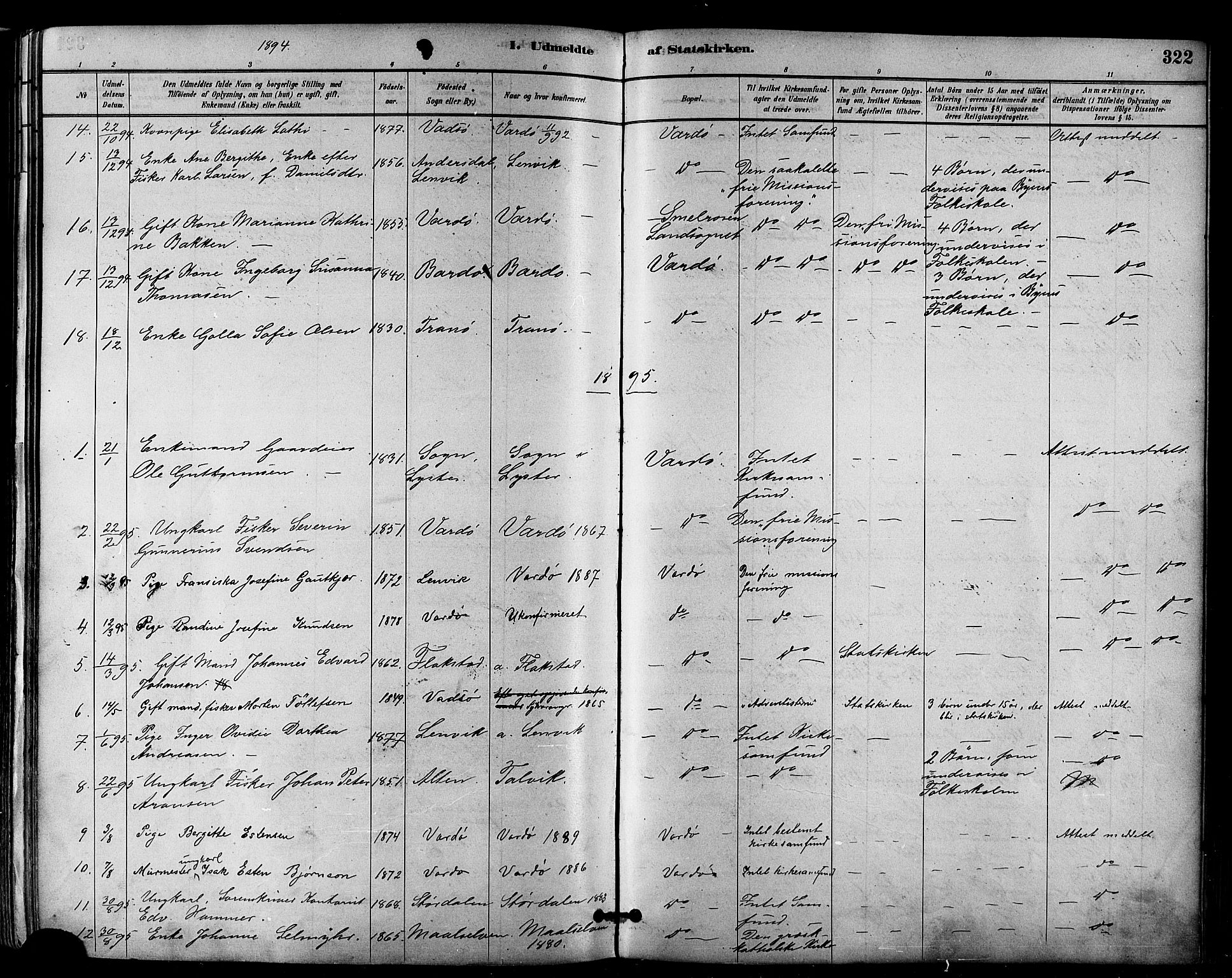 Vardø sokneprestkontor, SATØ/S-1332/H/Ha/L0007kirke: Parish register (official) no. 7, 1886-1897, p. 322
