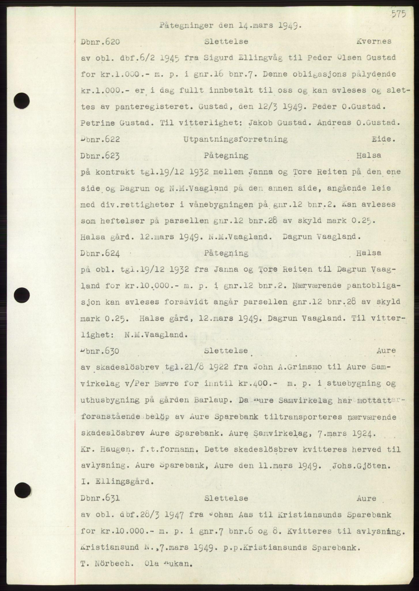 Nordmøre sorenskriveri, SAT/A-4132/1/2/2Ca: Mortgage book no. C82b, 1946-1951, Diary no: : 620/1949