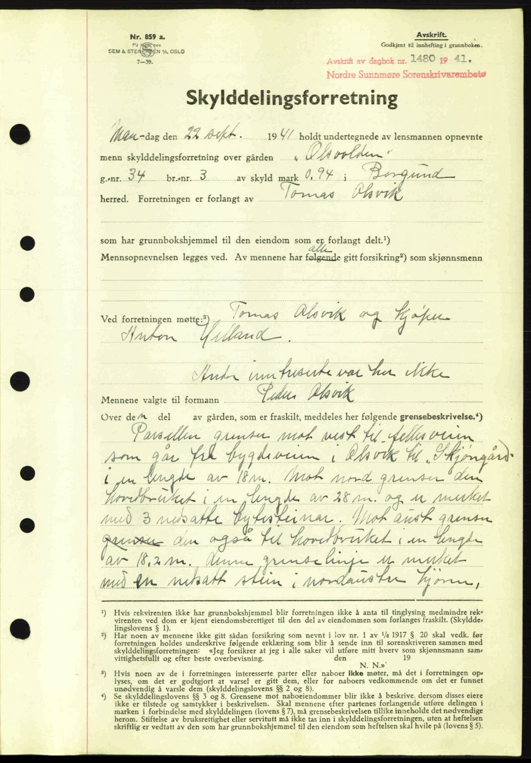 Nordre Sunnmøre sorenskriveri, AV/SAT-A-0006/1/2/2C/2Ca: Mortgage book no. A11, 1941-1941, Diary no: : 1480/1941