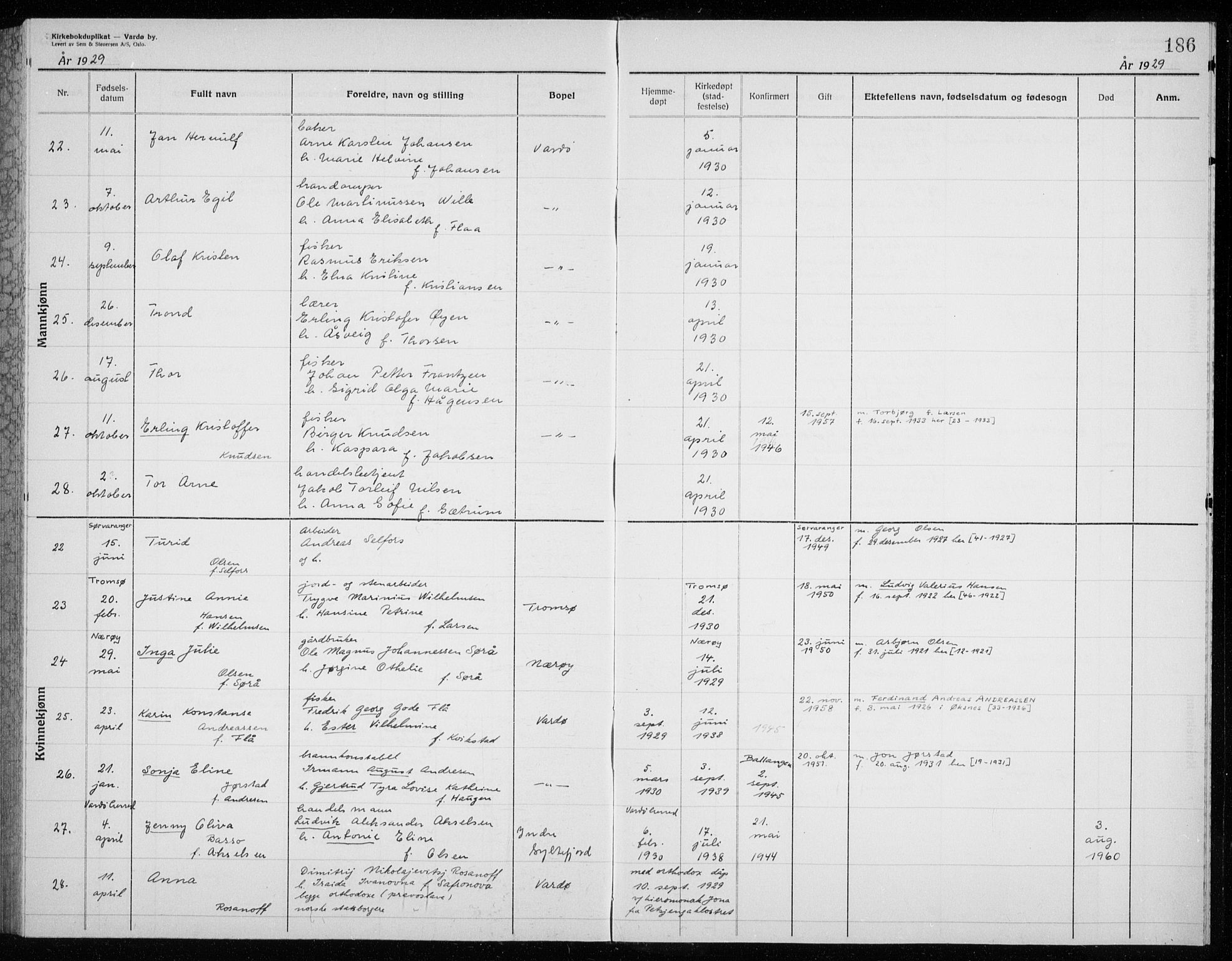 Vardø sokneprestkontor, AV/SATØ-S-1332/H/Hc/L0002kirkerekon: Other parish register no. 2, 1915-1929, p. 186