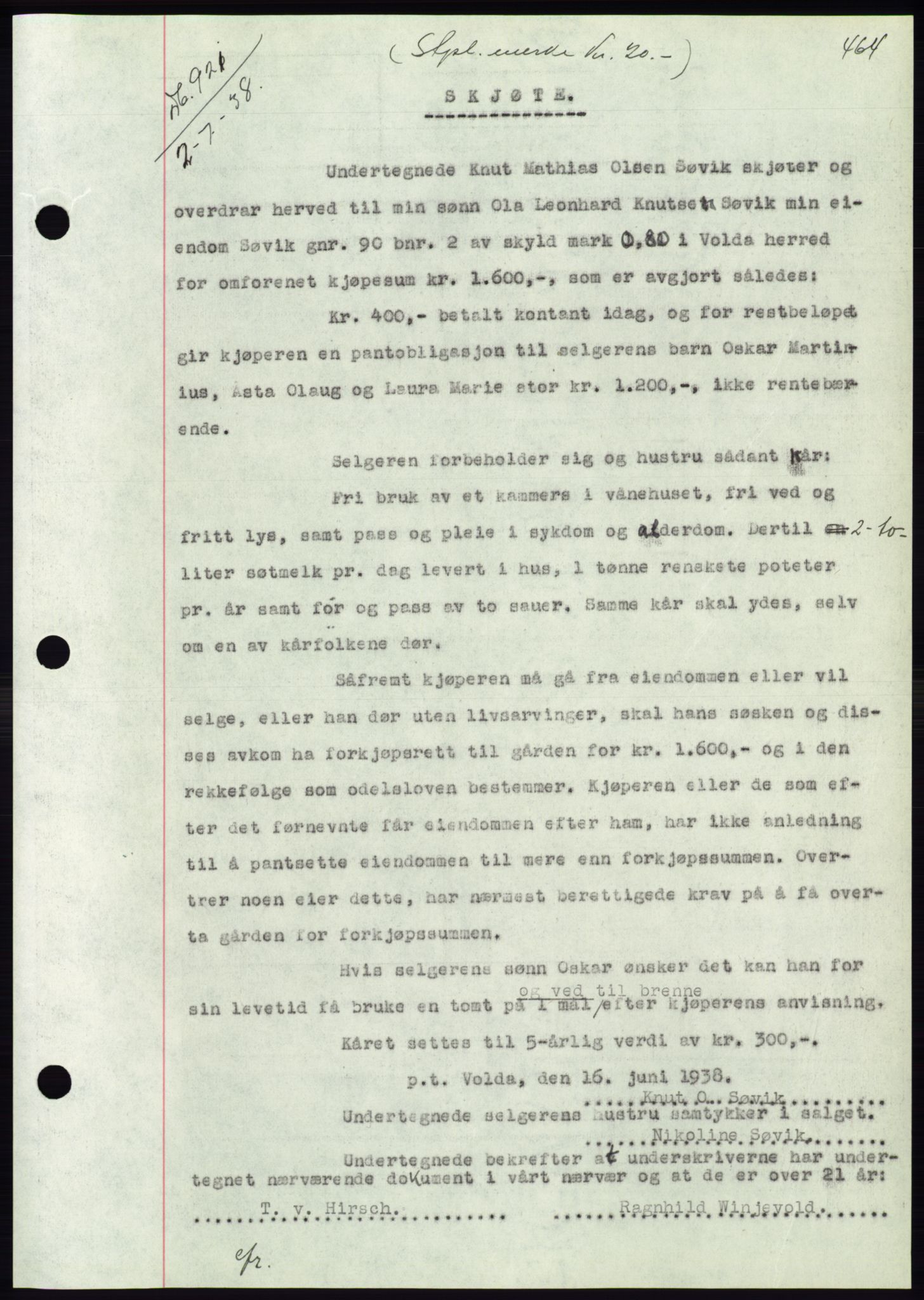 Søre Sunnmøre sorenskriveri, AV/SAT-A-4122/1/2/2C/L0065: Mortgage book no. 59, 1938-1938, Diary no: : 921/1938