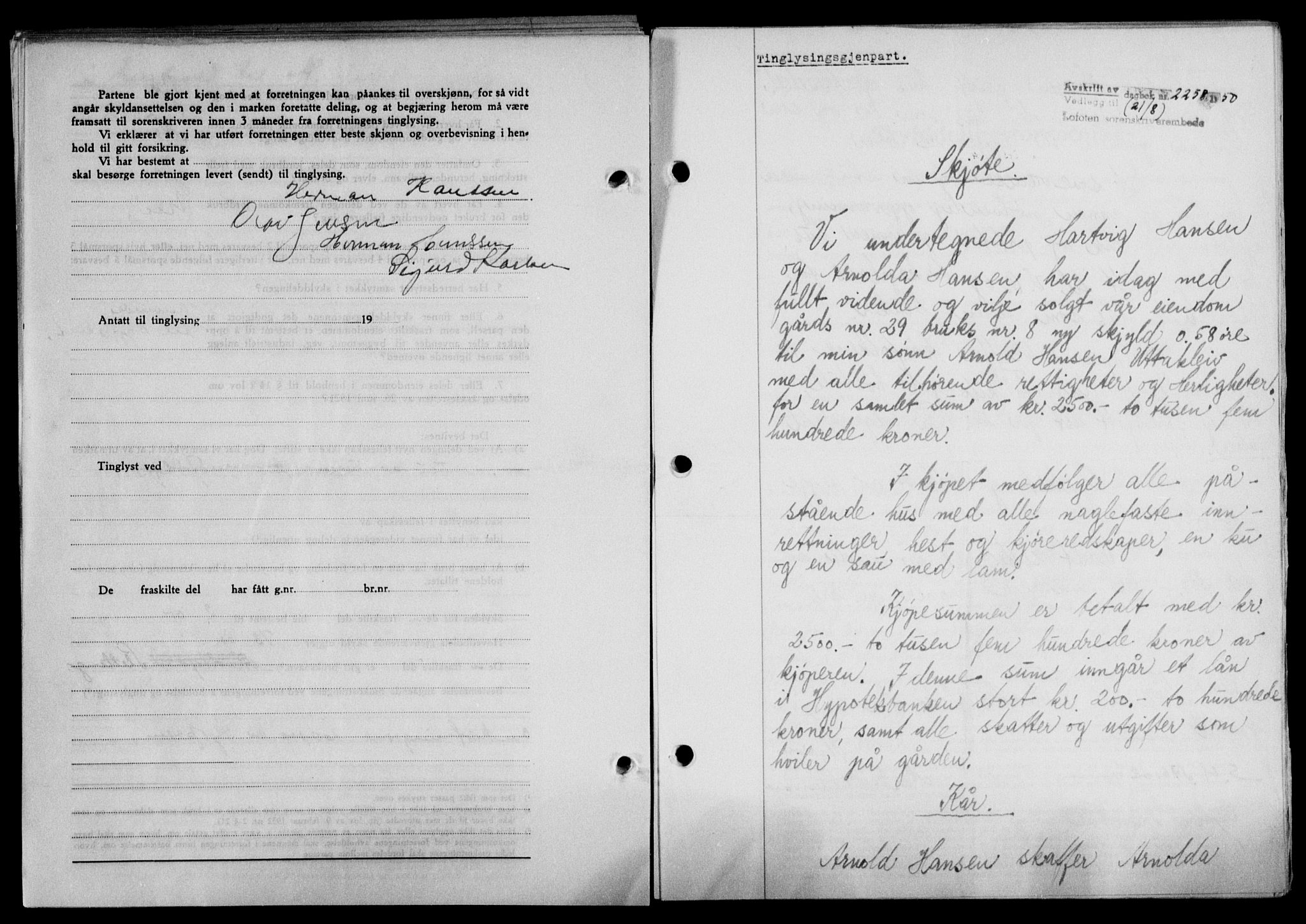 Lofoten sorenskriveri, SAT/A-0017/1/2/2C/L0024a: Mortgage book no. 24a, 1950-1950, Diary no: : 2258/1950