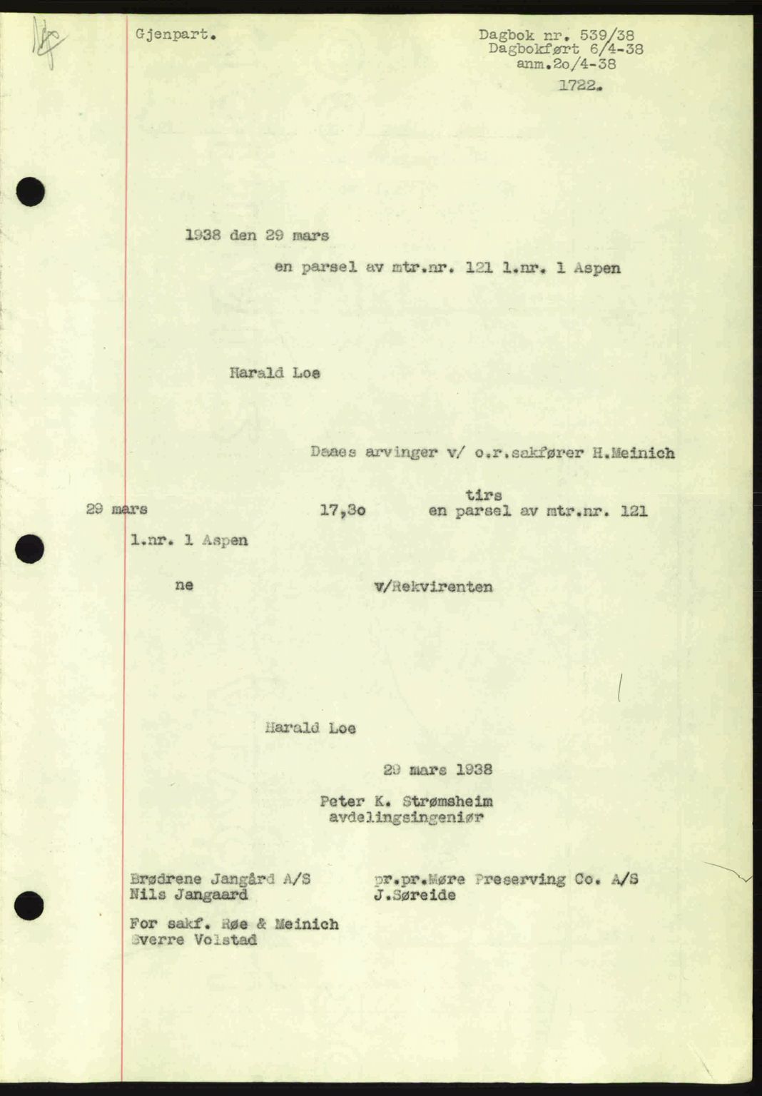 Ålesund byfogd, AV/SAT-A-4384: Mortgage book no. 34 I, 1936-1938, Diary no: : 539/1938