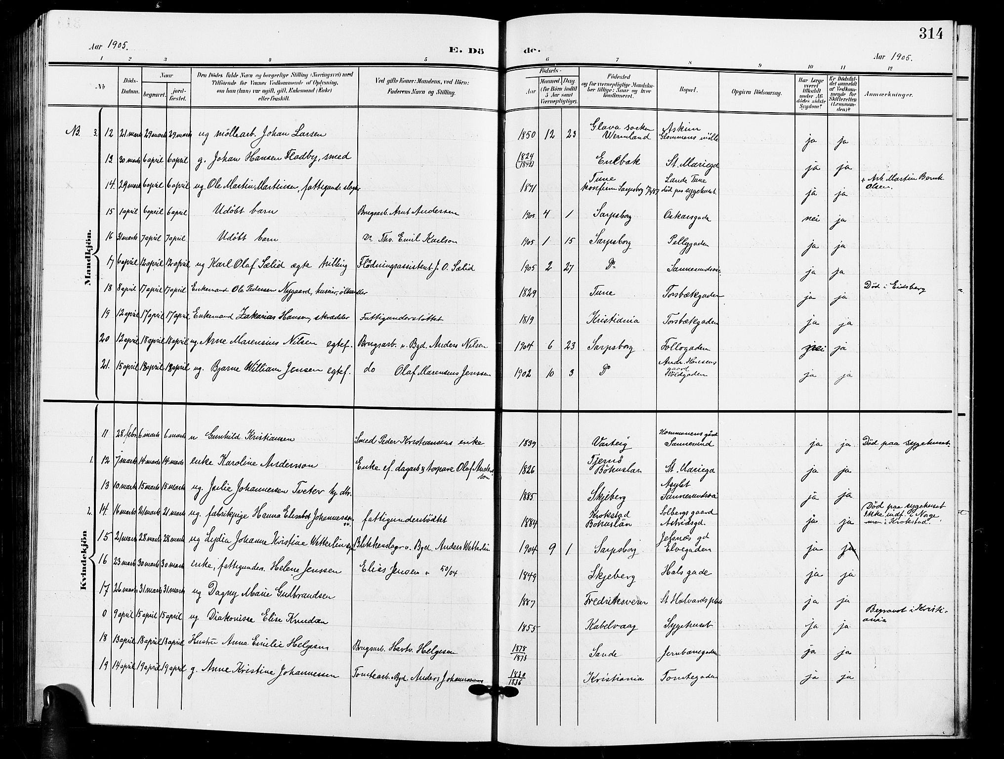 Sarpsborg prestekontor Kirkebøker, SAO/A-2006/G/Ga/L0001: Parish register (copy) no. 1, 1902-1911, p. 314