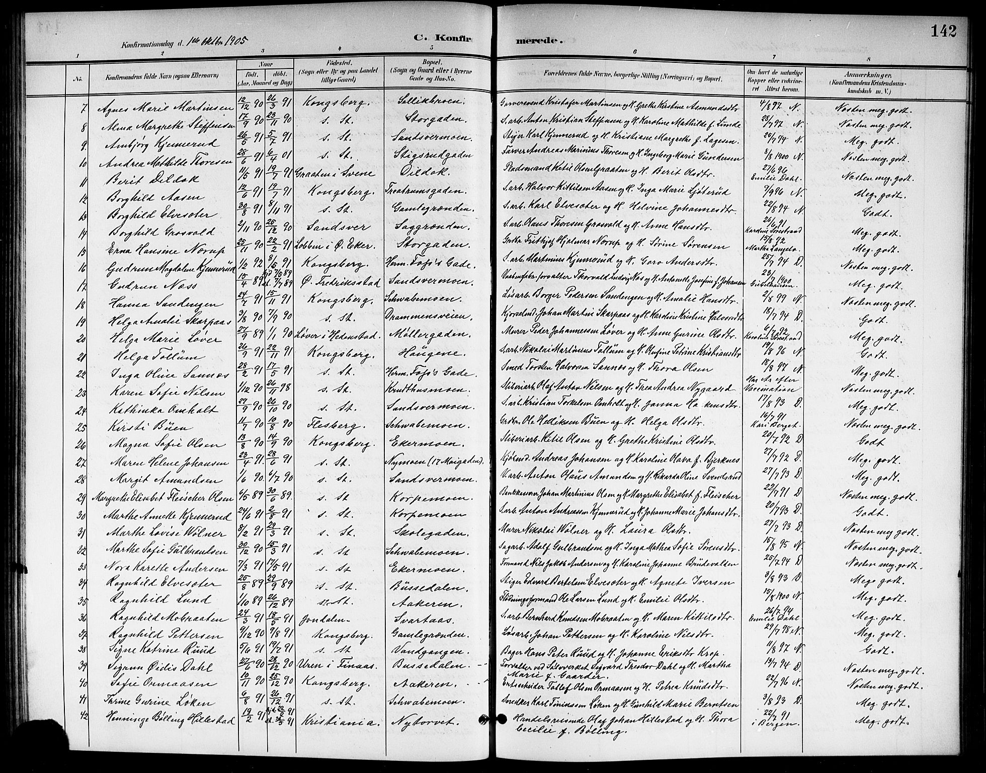 Kongsberg kirkebøker, AV/SAKO-A-22/G/Ga/L0007: Parish register (copy) no. 7, 1901-1915, p. 142