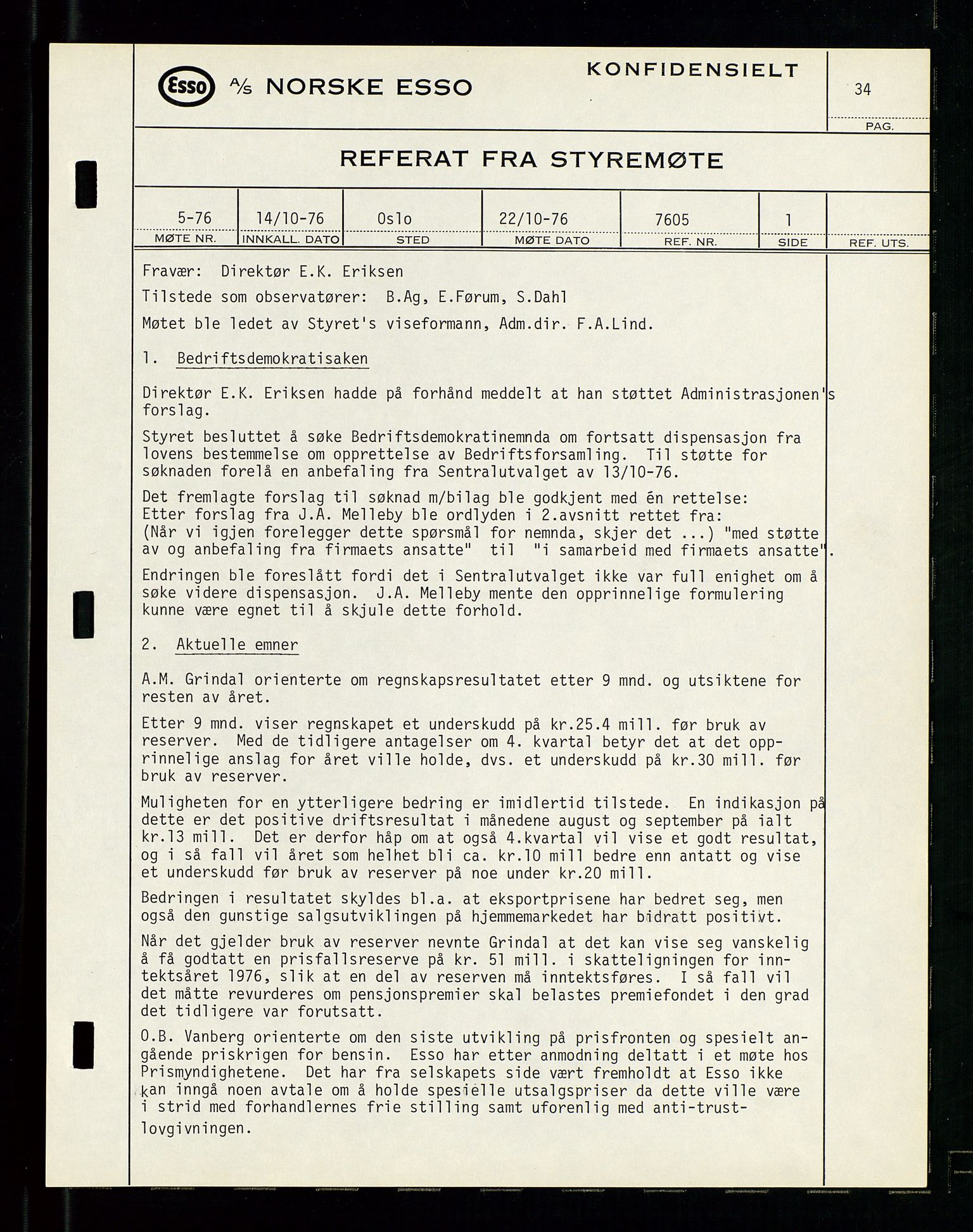 Pa 0982 - Esso Norge A/S, AV/SAST-A-100448/A/Aa/L0003/0003: Den administrerende direksjon Board minutes (styrereferater) og Bedriftforsamlingsprotokoll / Den administrerende direksjon Board minutes (styrereferater), 1975-1985, p. 34