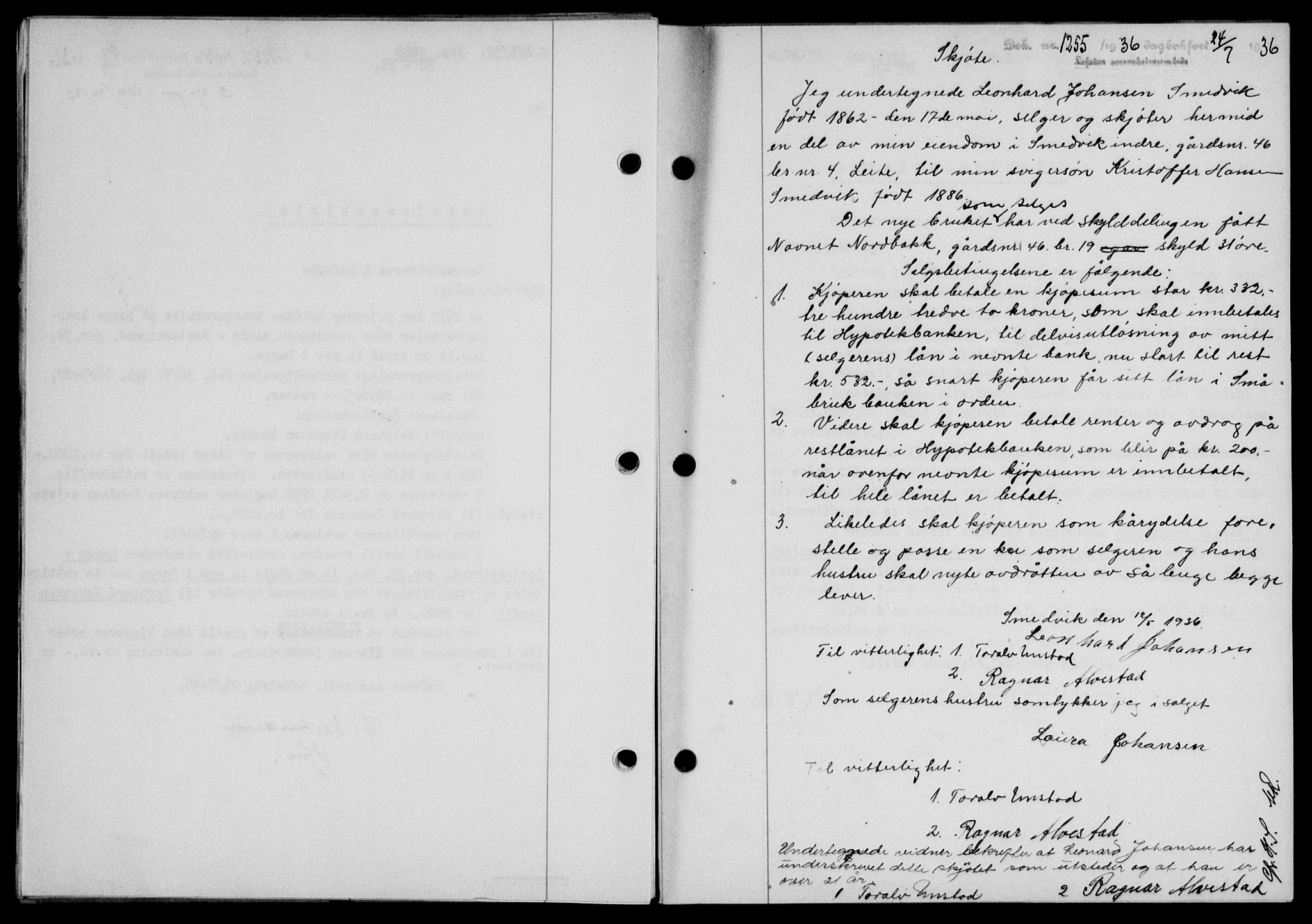 Lofoten sorenskriveri, SAT/A-0017/1/2/2C/L0001a: Mortgage book no. 1a, 1936-1937, Diary no: : 1255/1936