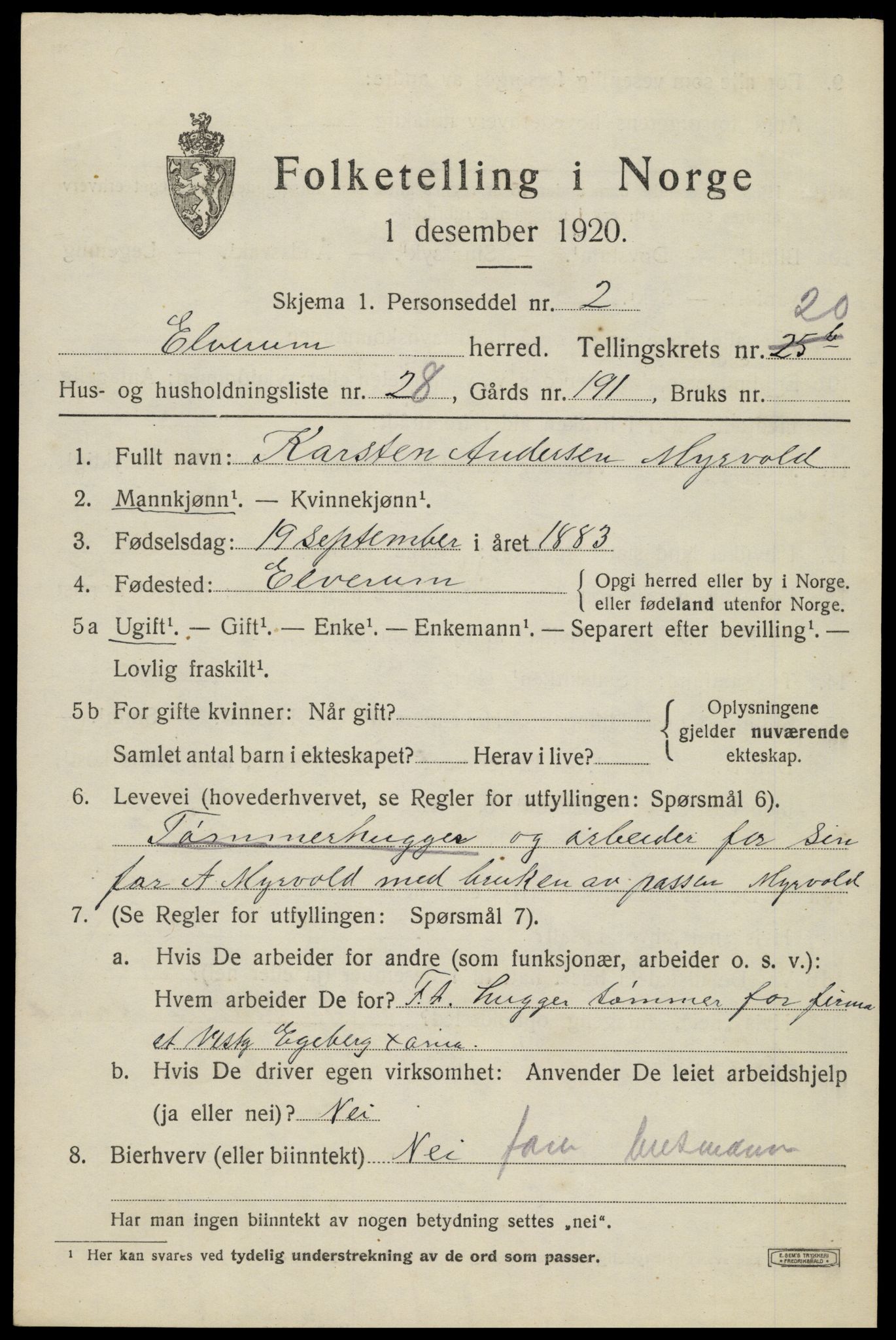 SAH, 1920 census for Elverum, 1920, p. 23600