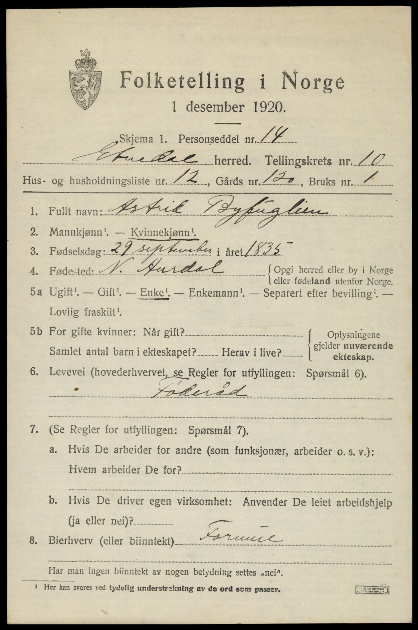 SAH, 1920 census for Etnedal, 1920, p. 4566