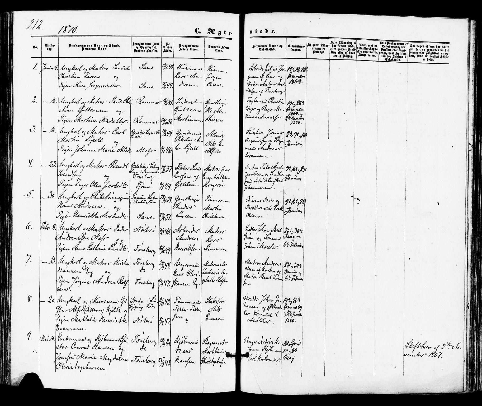 Tønsberg kirkebøker, SAKO/A-330/F/Fa/L0009: Parish register (official) no. I 9, 1865-1873, p. 212