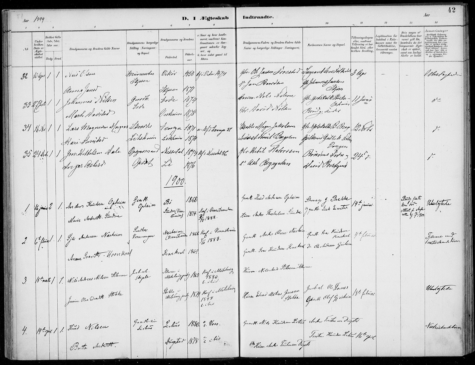 Voss sokneprestembete, AV/SAB-A-79001/H/Haa: Parish register (official) no. C  1, 1887-1915, p. 42