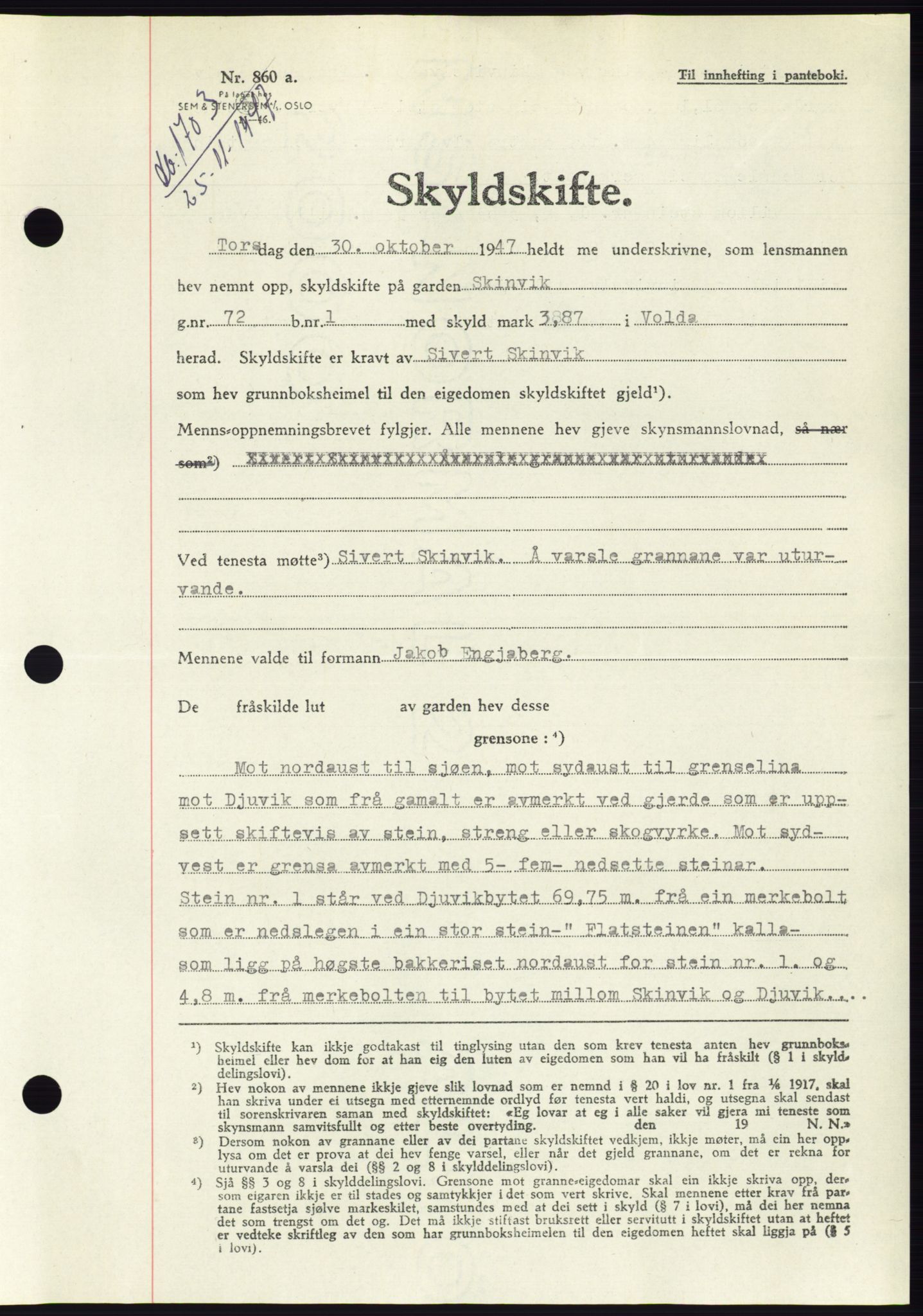 Søre Sunnmøre sorenskriveri, AV/SAT-A-4122/1/2/2C/L0081: Mortgage book no. 7A, 1947-1948, Diary no: : 1703/1947