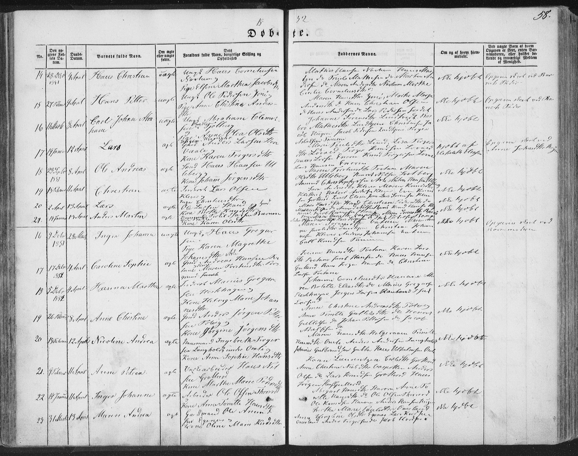 Brunlanes kirkebøker, AV/SAKO-A-342/F/Fa/L0004: Parish register (official) no. I 4, 1846-1862, p. 58