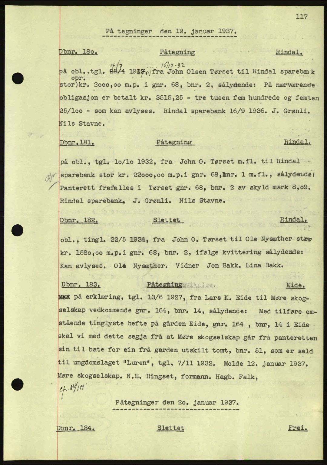 Nordmøre sorenskriveri, AV/SAT-A-4132/1/2/2Ca: Mortgage book no. C80, 1936-1939, Diary no: : 180/1937