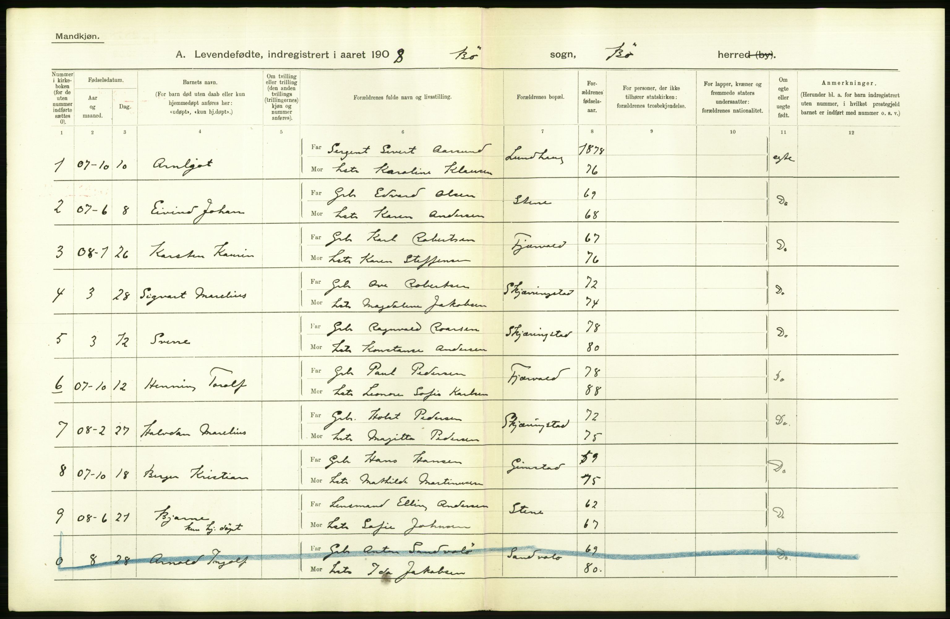 Statistisk sentralbyrå, Sosiodemografiske emner, Befolkning, AV/RA-S-2228/D/Df/Dfa/Dfaf/L0044: Nordlands amt: Levendefødte menn og kvinner. Bygder og byer., 1908, p. 1