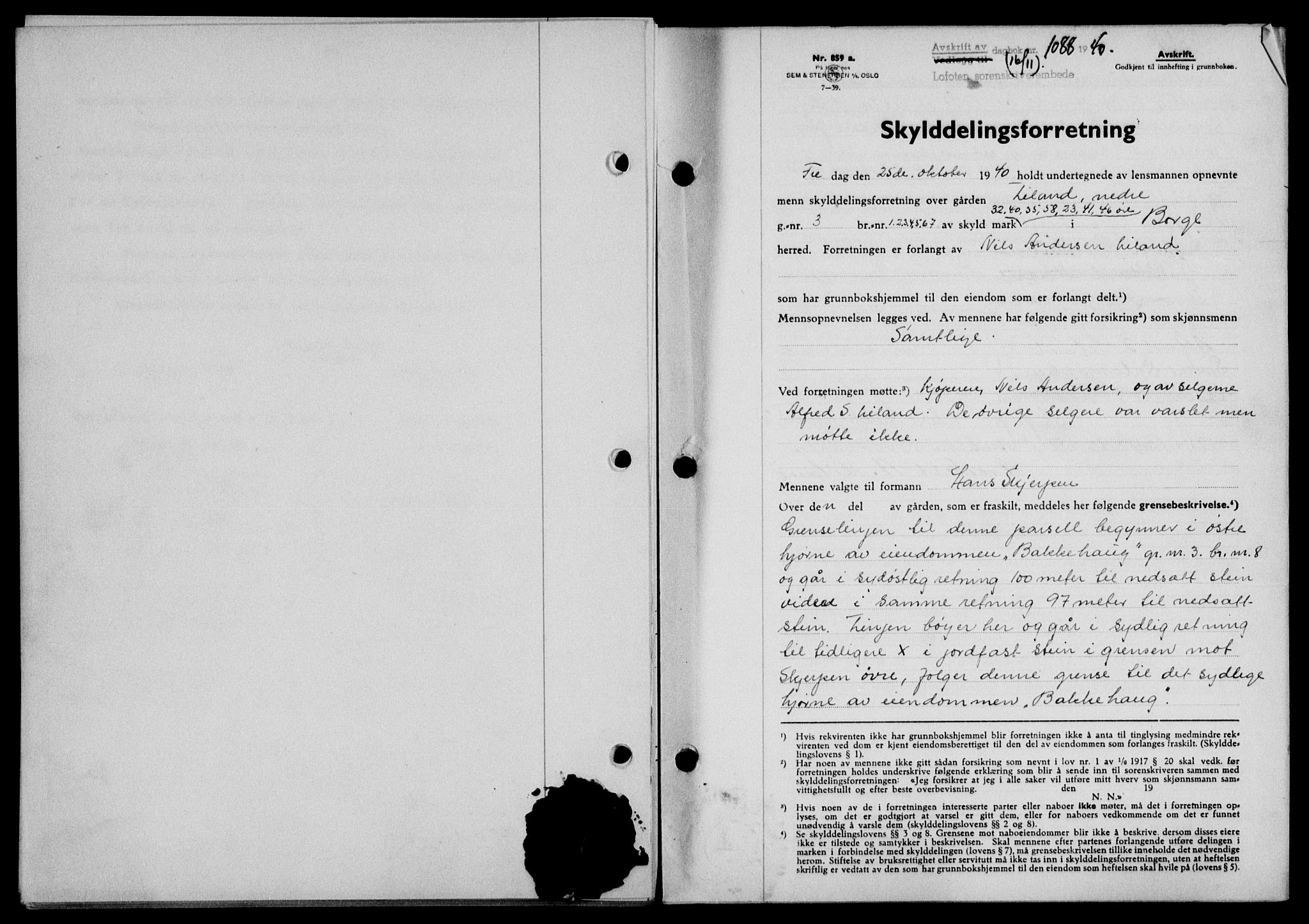 Lofoten sorenskriveri, SAT/A-0017/1/2/2C/L0008a: Mortgage book no. 8a, 1940-1941, Diary no: : 1088/1940