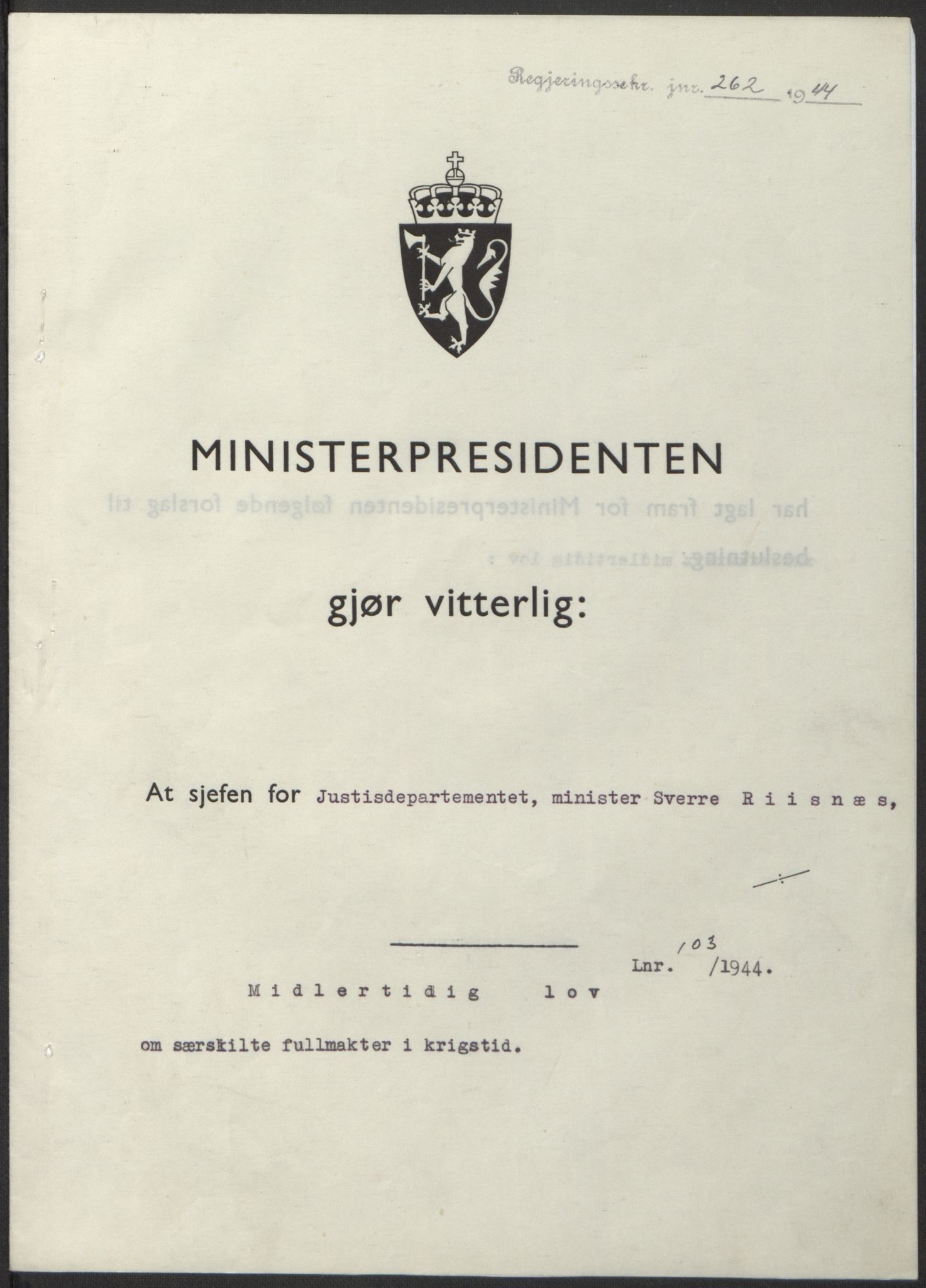 NS-administrasjonen 1940-1945 (Statsrådsekretariatet, de kommisariske statsråder mm), RA/S-4279/D/Db/L0100: Lover, 1944, p. 489