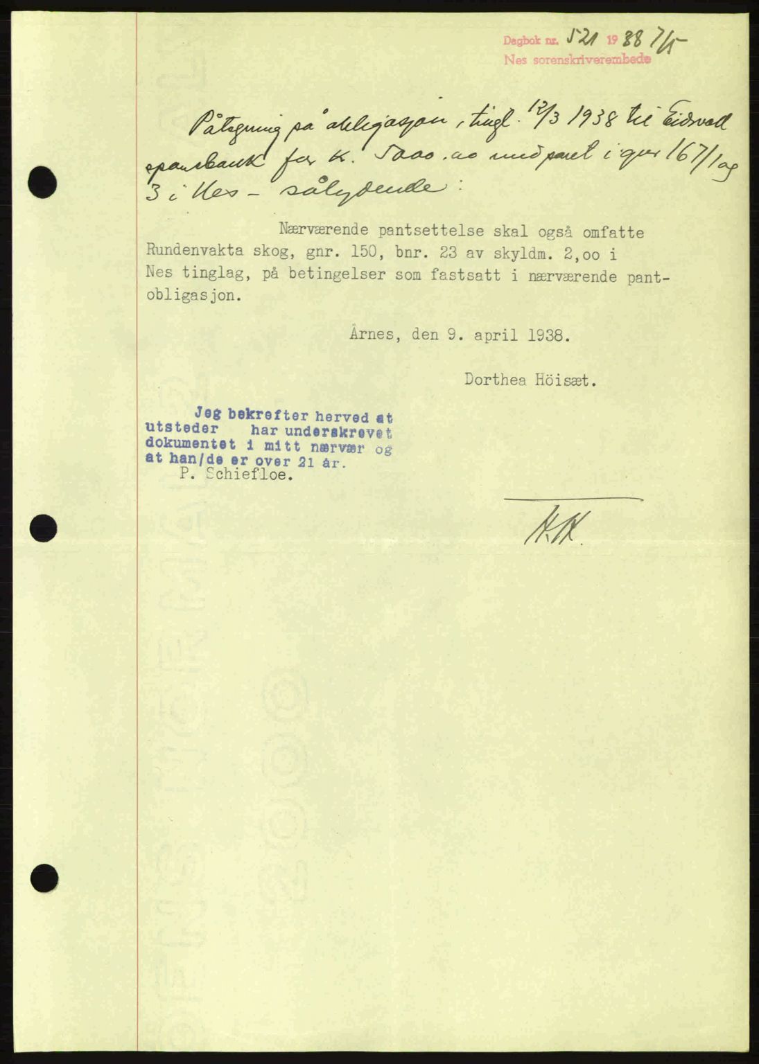 Nes tingrett, SAO/A-10548/G/Gb/Gbb/L0006: Mortgage book no. 50, 1938-1938, Diary no: : 521/1938