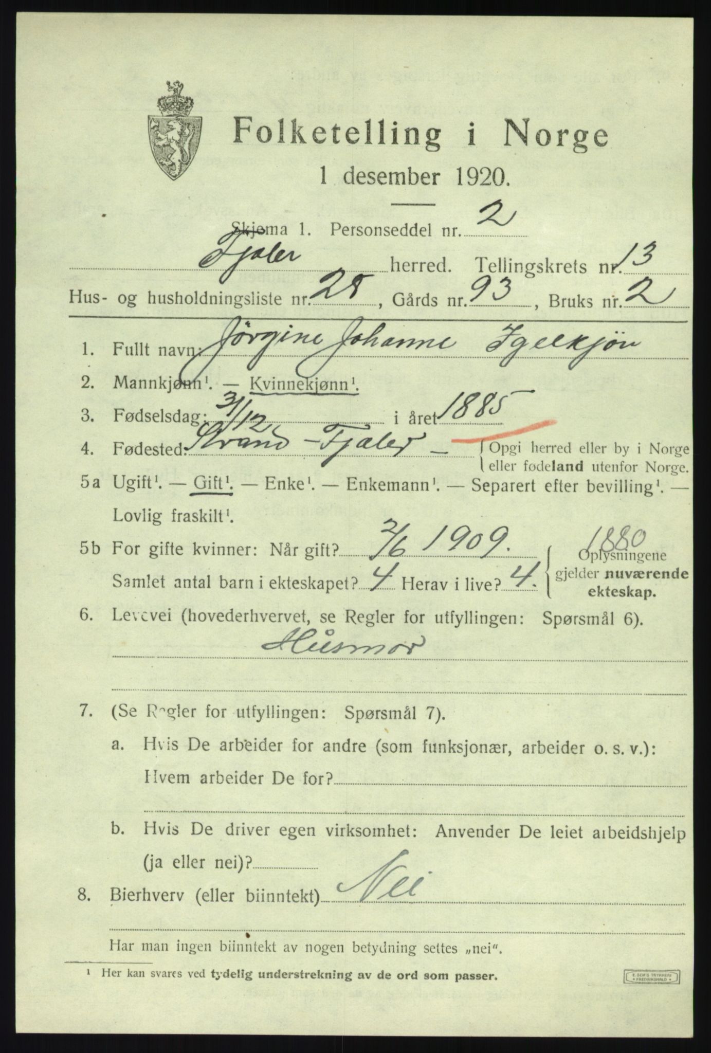SAB, 1920 census for Fjaler, 1920, p. 7527