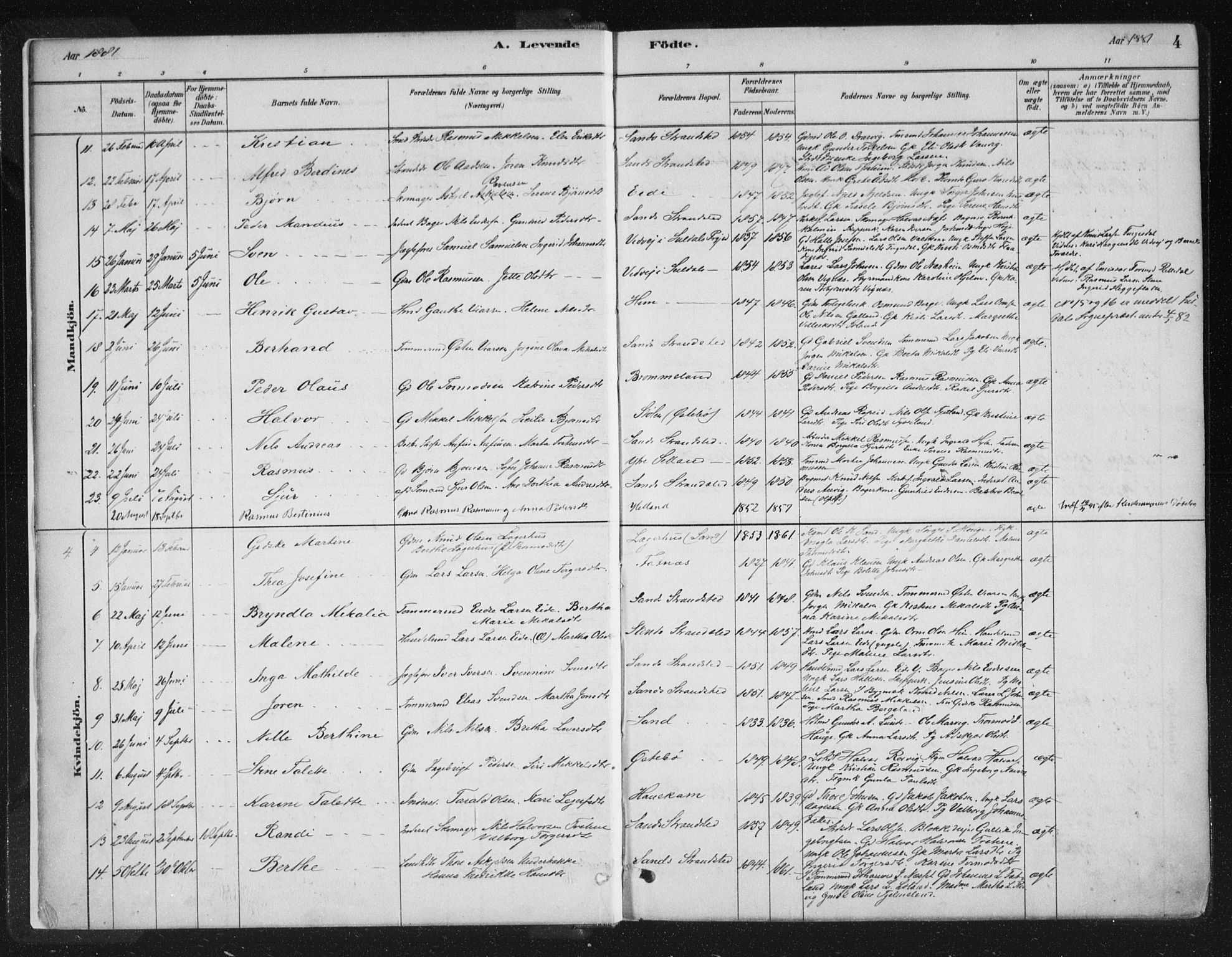 Sand sokneprestkontor, AV/SAST-A-101848/01/III/L0005: Parish register (official) no. A 5, 1880-1898, p. 4