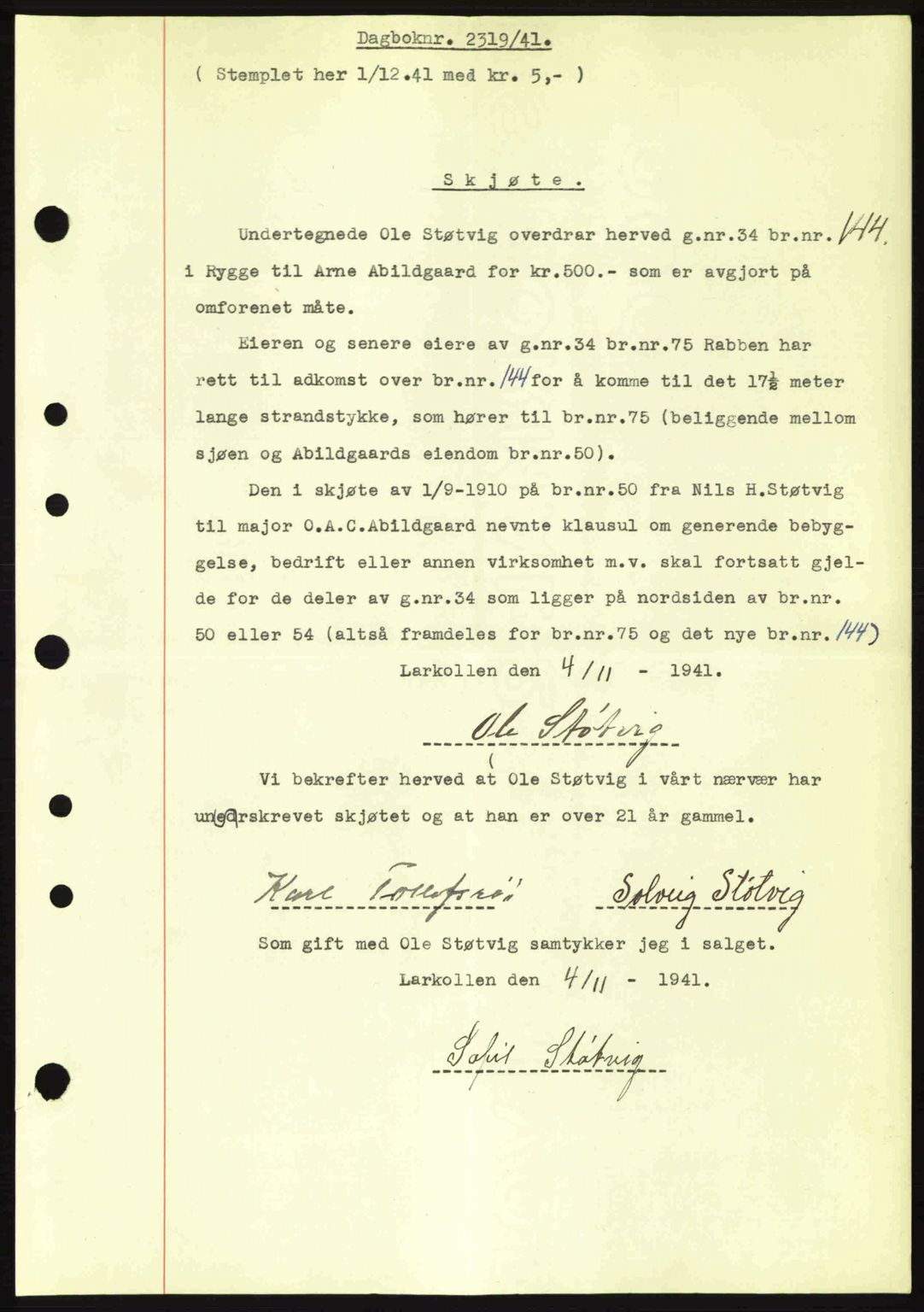 Moss sorenskriveri, SAO/A-10168: Mortgage book no. A9, 1941-1942, Diary no: : 2319/1941