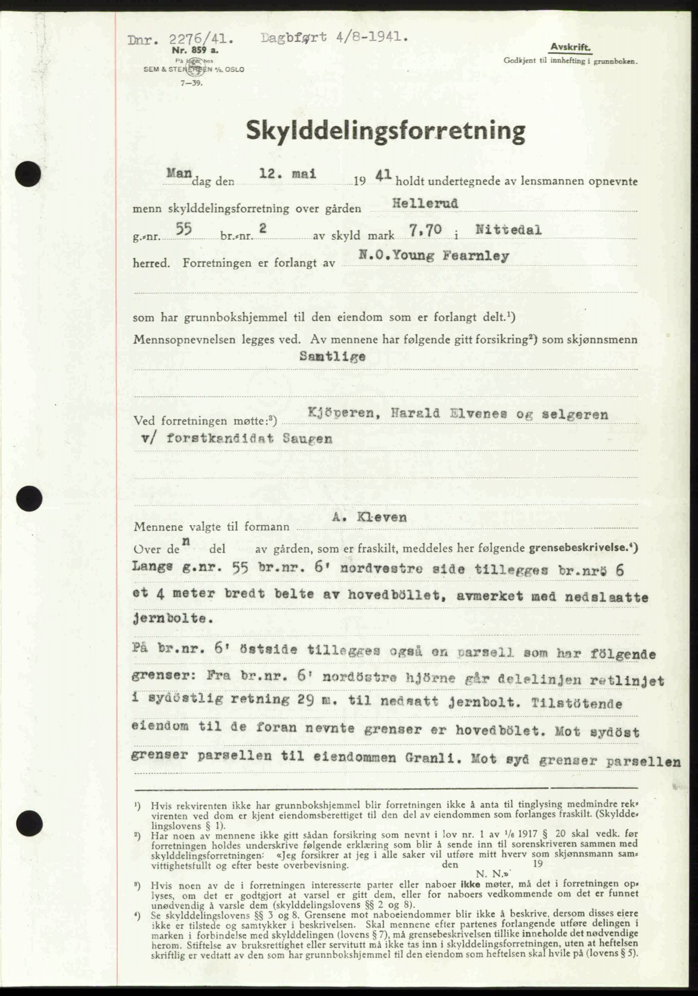 Nedre Romerike sorenskriveri, AV/SAO-A-10469/G/Gb/Gbd/L0006: Mortgage book no. 6, 1941-1941, Diary no: : 2276/1941