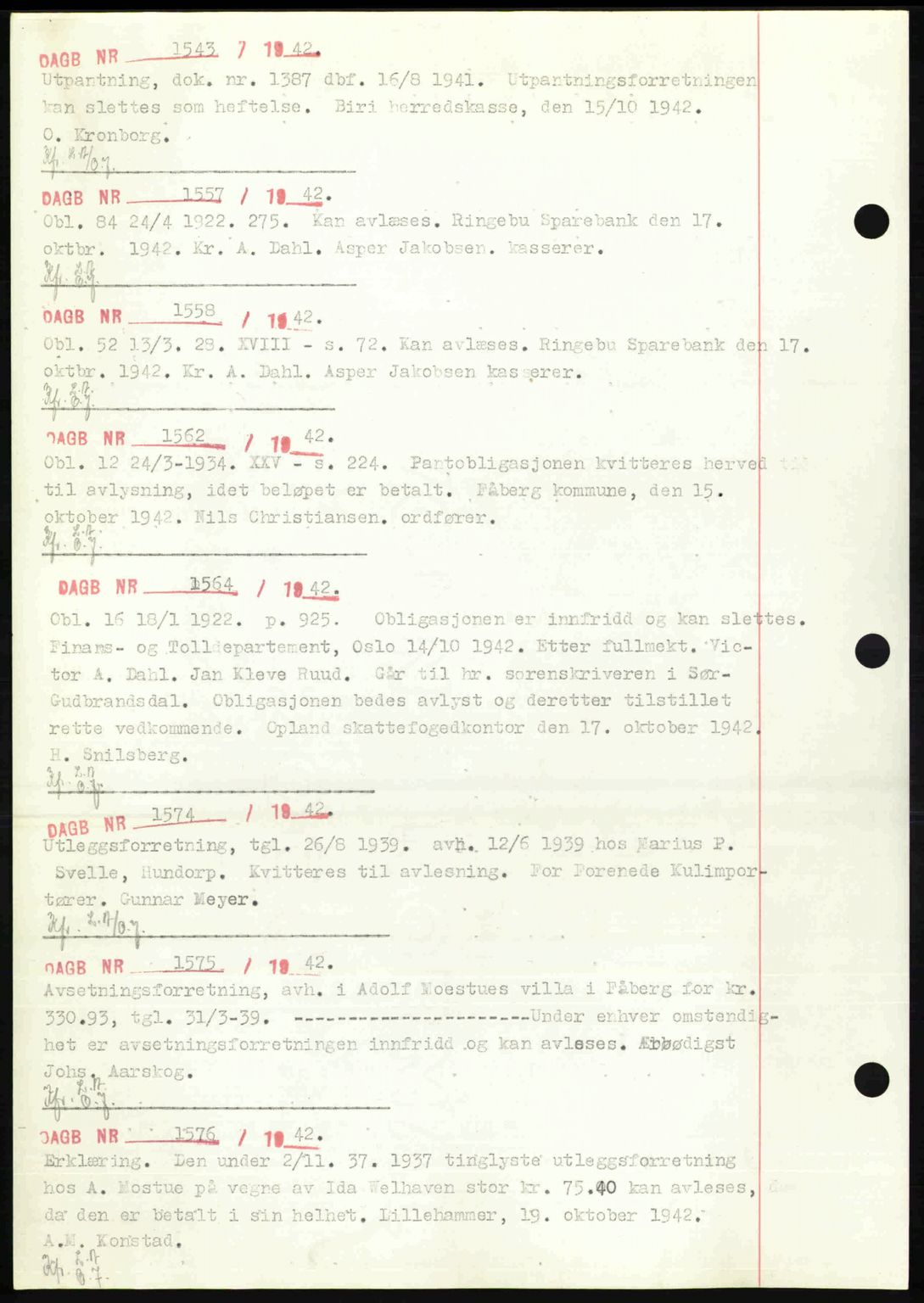 Sør-Gudbrandsdal tingrett, SAH/TING-004/H/Hb/Hbf/L0002: Mortgage book no. C1, 1938-1951, Diary no: : 1543/1942