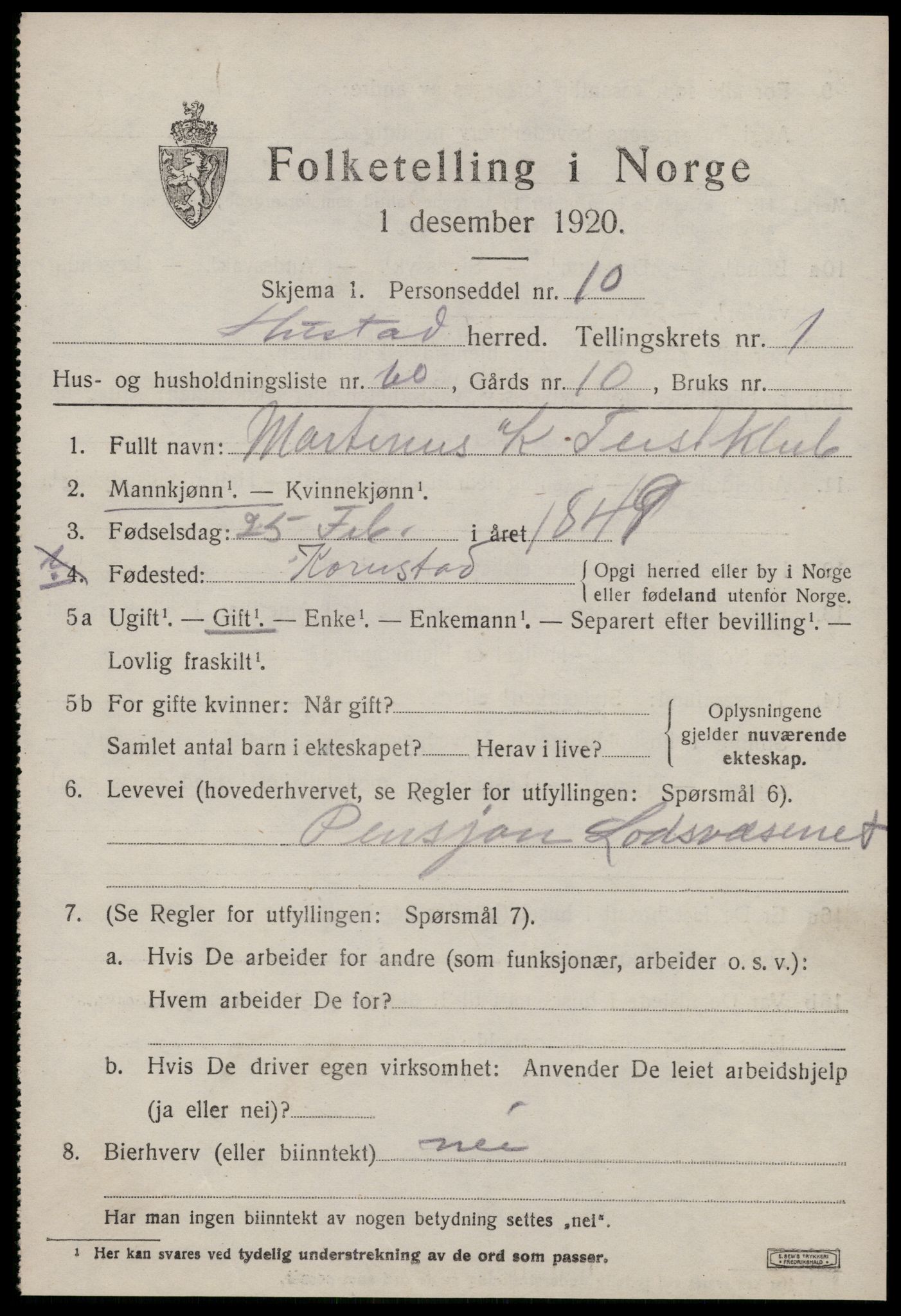 SAT, 1920 census for Hustad, 1920, p. 1495