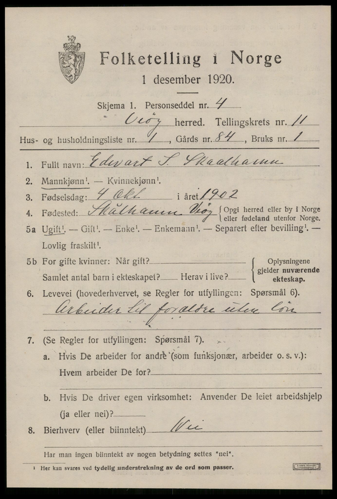 SAT, 1920 census for Veøy, 1920, p. 5575