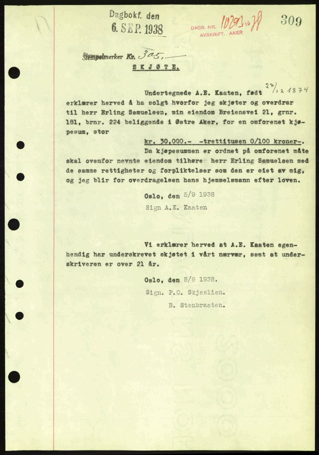 Aker herredsskriveri, SAO/A-10896/G/Gb/Gba/Gbab/L0025: Mortgage book no. A154-155, 1938-1938, Diary no: : 10293/1938