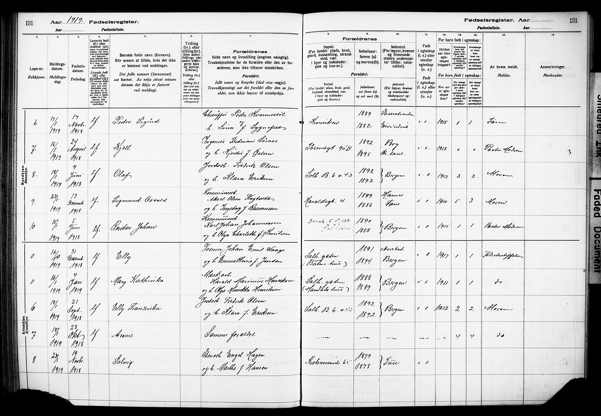 Årstad Sokneprestembete, AV/SAB-A-79301/I/Id/L0A01: Birth register no. A 1, 1916-1920, p. 131