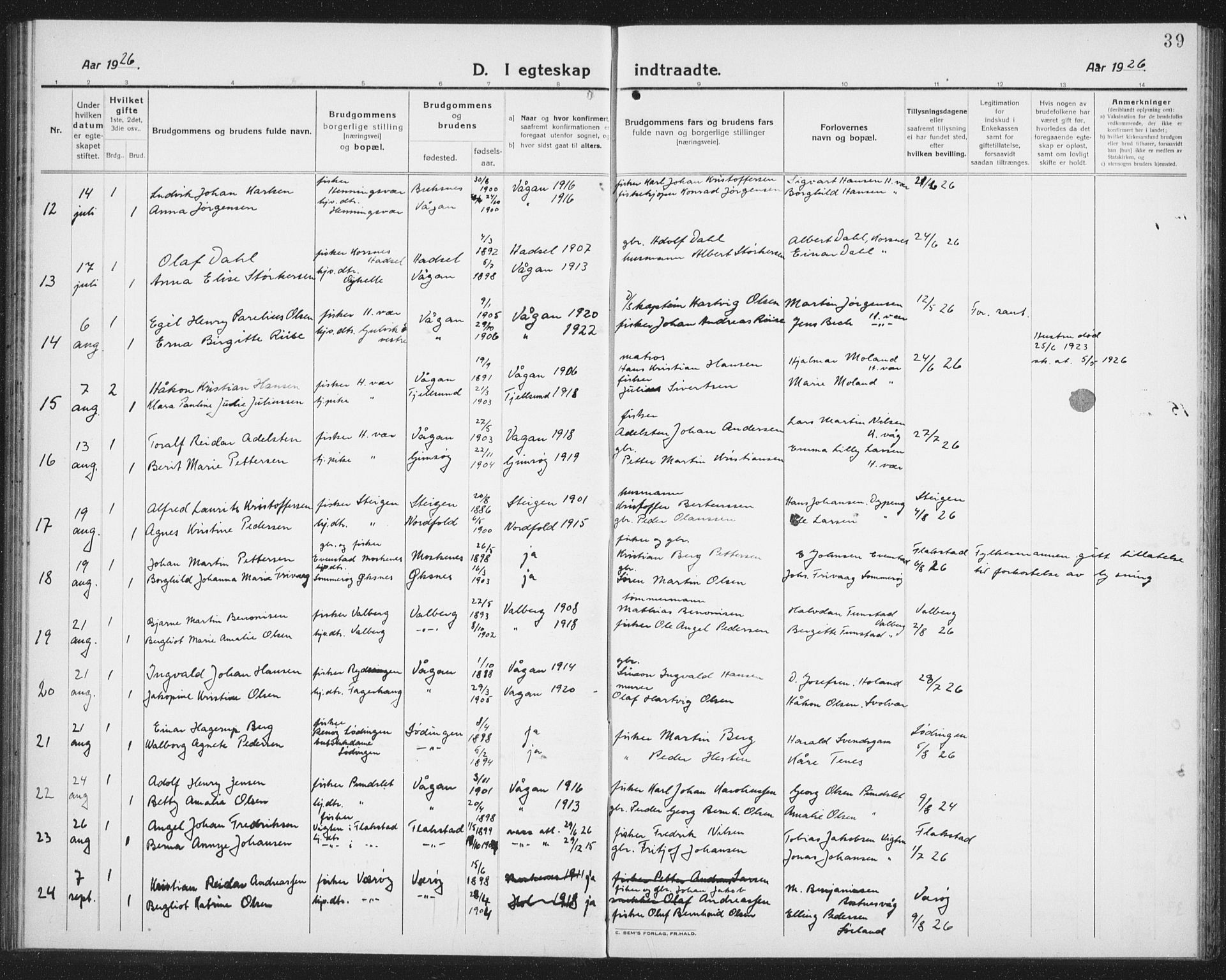 Ministerialprotokoller, klokkerbøker og fødselsregistre - Nordland, AV/SAT-A-1459/874/L1082: Parish register (copy) no. 874C11, 1920-1939, p. 39