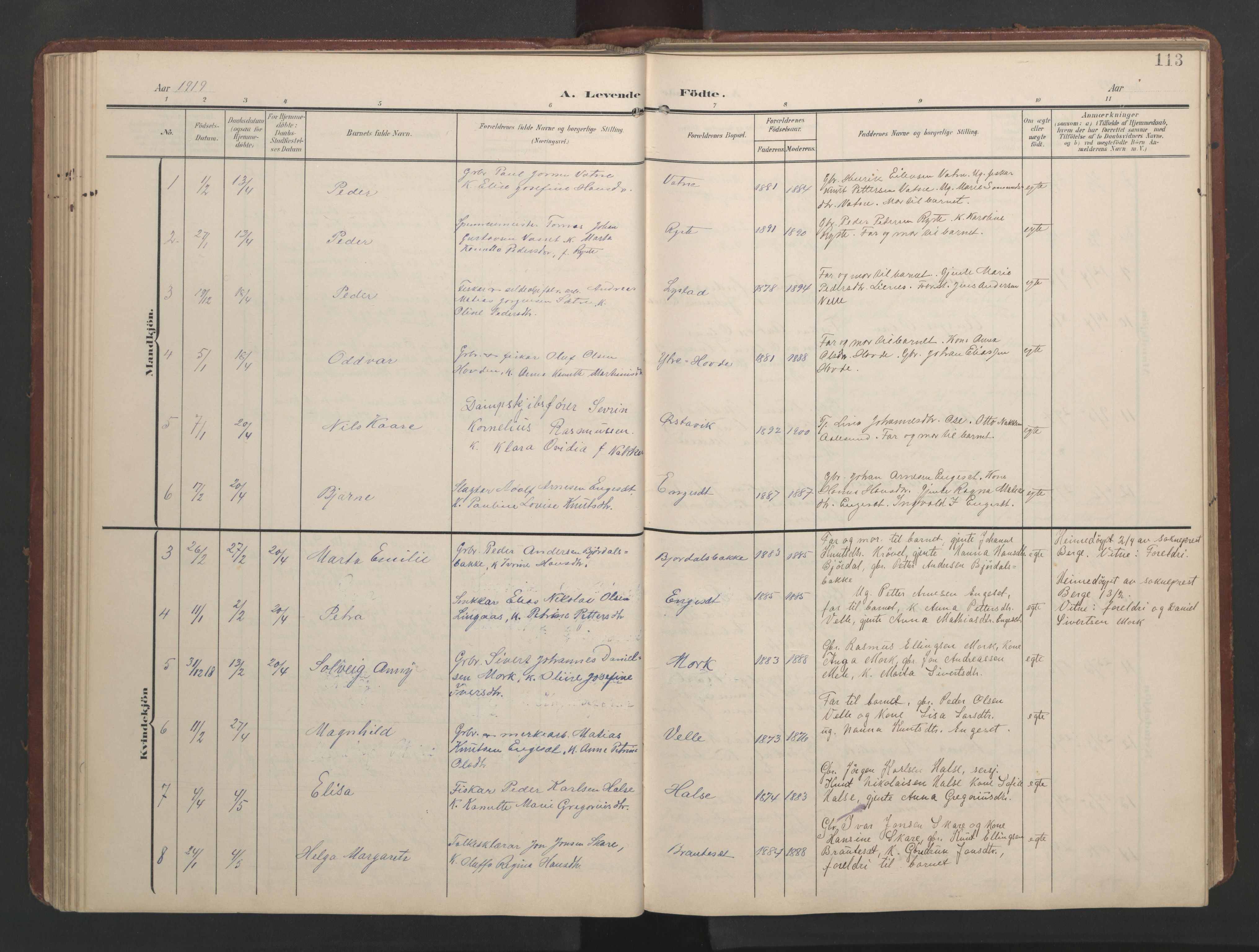 Ministerialprotokoller, klokkerbøker og fødselsregistre - Møre og Romsdal, SAT/A-1454/513/L0190: Parish register (copy) no. 513C04, 1904-1926, p. 113