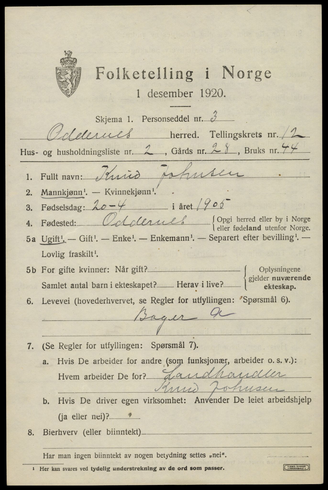SAK, 1920 census for Oddernes, 1920, p. 7611