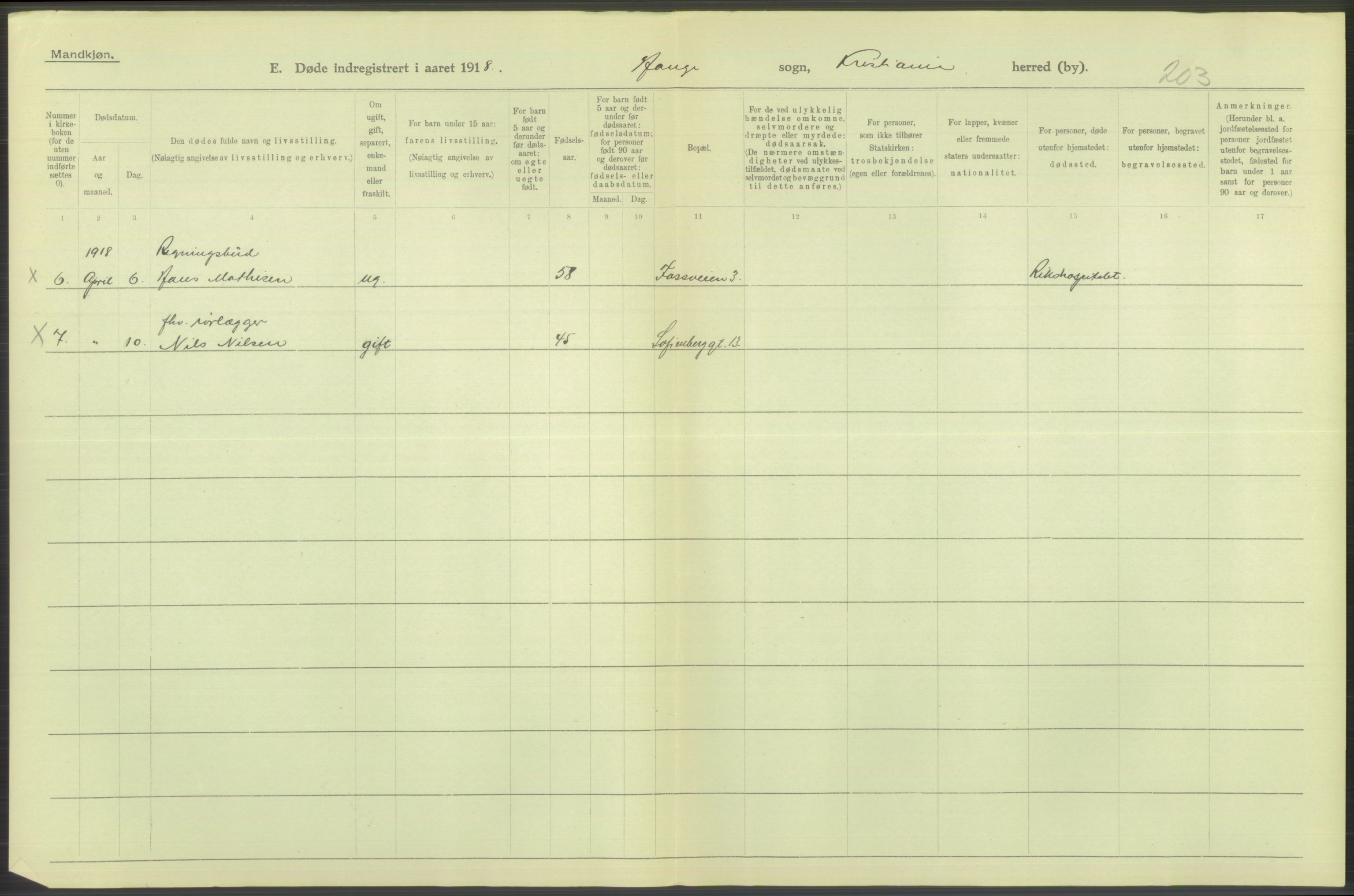 Statistisk sentralbyrå, Sosiodemografiske emner, Befolkning, AV/RA-S-2228/D/Df/Dfb/Dfbh/L0010: Kristiania: Døde, 1918, p. 734