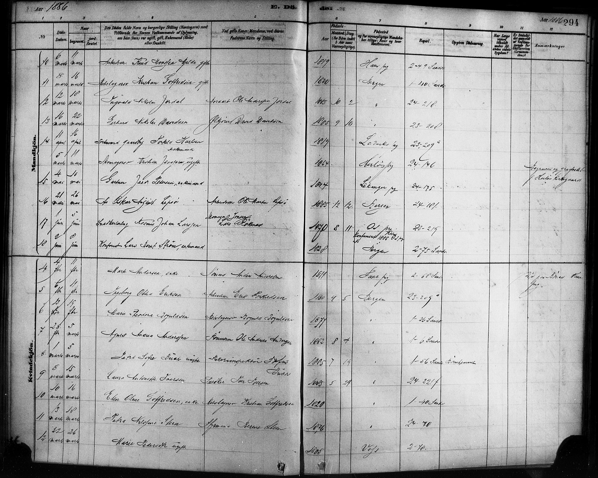 Sandviken Sokneprestembete, AV/SAB-A-77601/H/Ha/L0002: Parish register (official) no. A 2, 1878-1896, p. 294