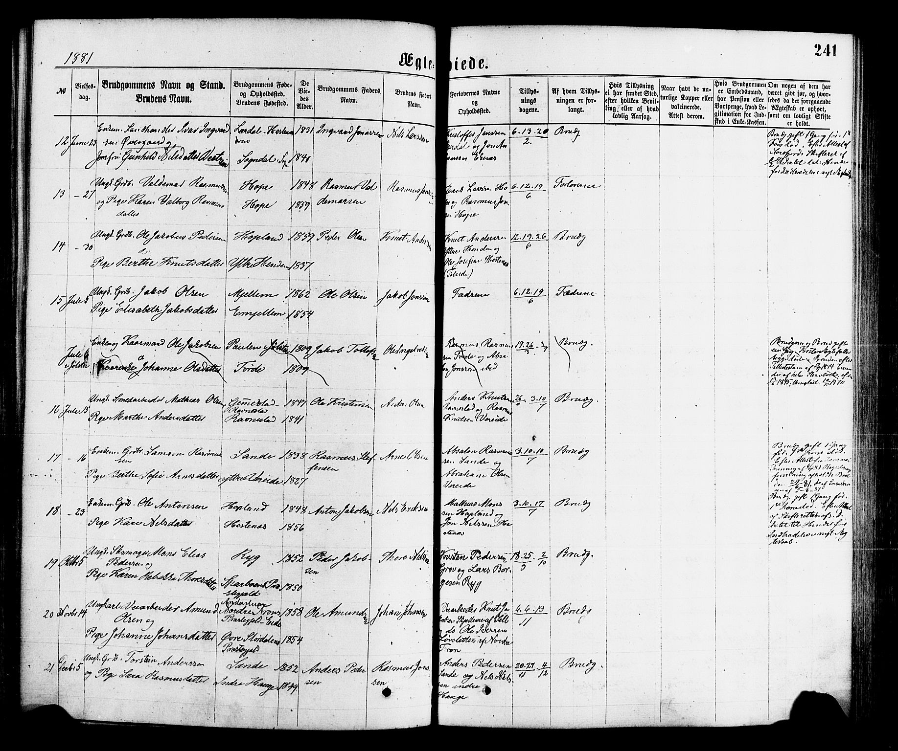 Gloppen sokneprestembete, AV/SAB-A-80101/H/Haa/Haaa/L0010: Parish register (official) no. A 10, 1871-1884, p. 241