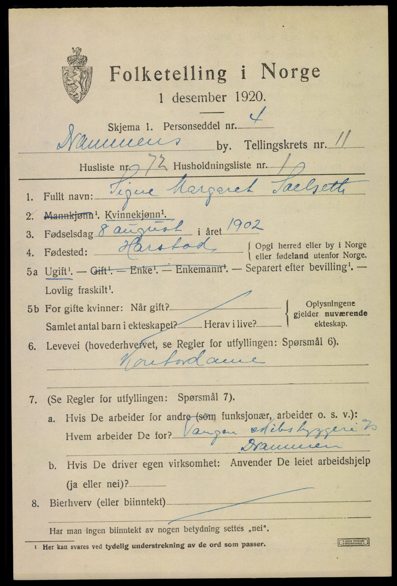 SAKO, 1920 census for Drammen, 1920, p. 67747