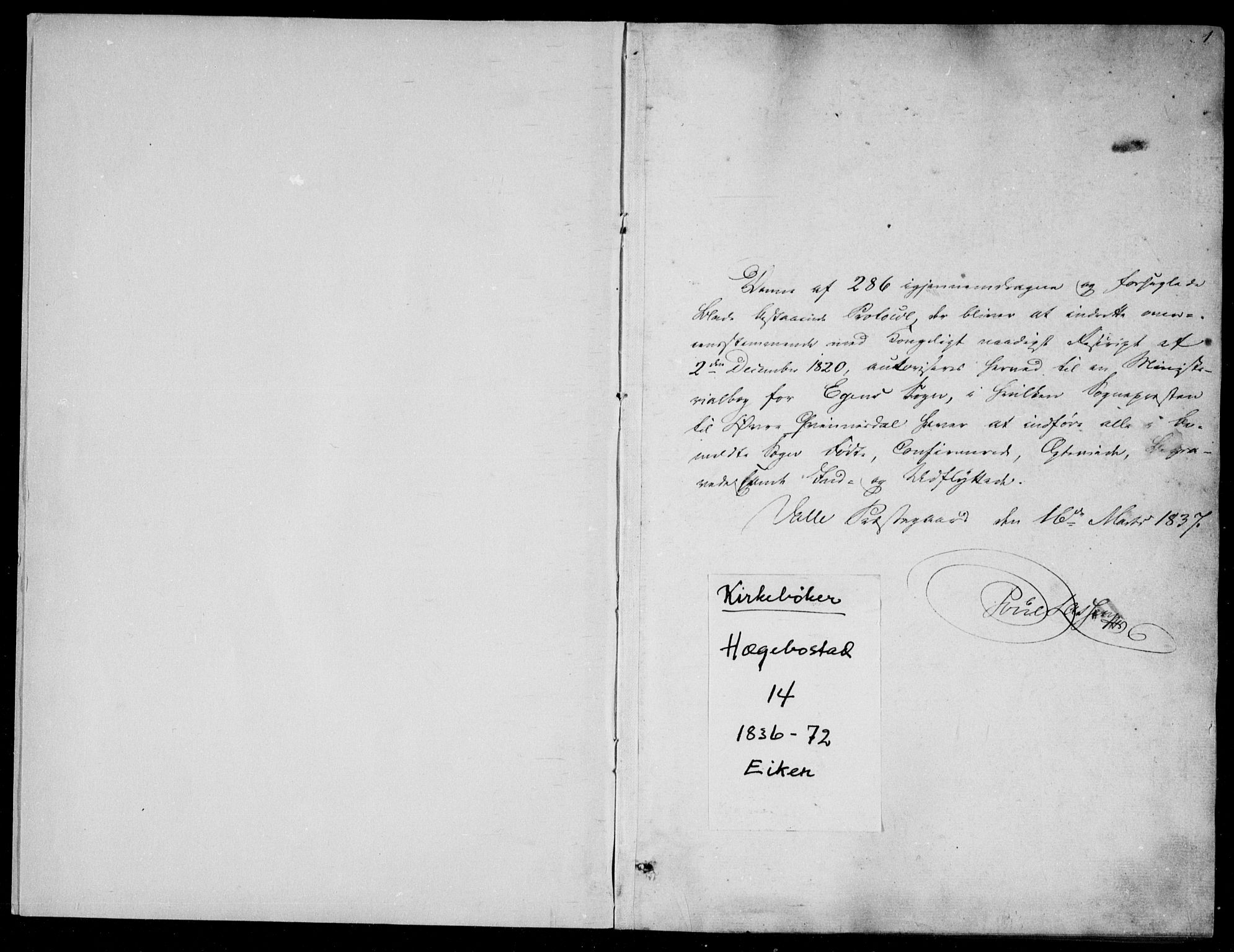 Hægebostad sokneprestkontor, SAK/1111-0024/F/Fa/Fab/L0002: Parish register (official) no. A 2, 1836-1872, p. 1