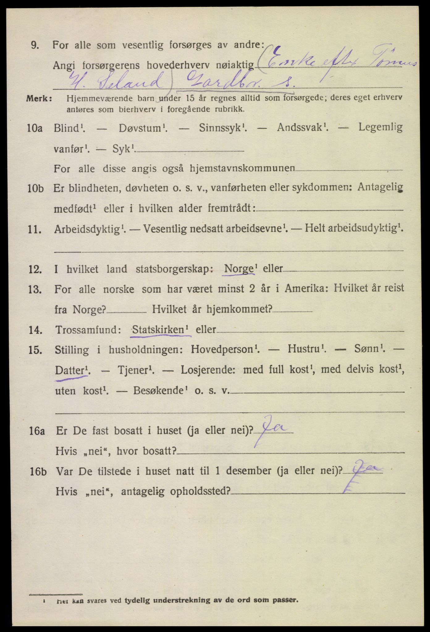 SAK, 1920 census for Tonstad, 1920, p. 1313