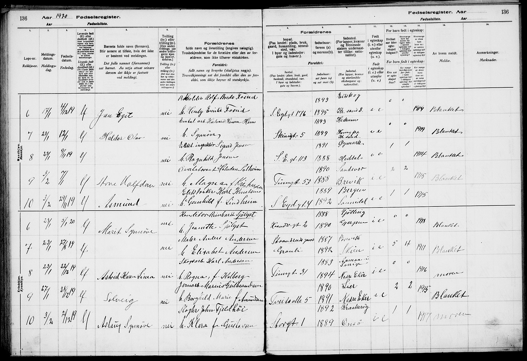 Rjukan kirkebøker, SAKO/A-294/J/Ja/L0001: Birth register no. 1, 1916-1922, p. 136